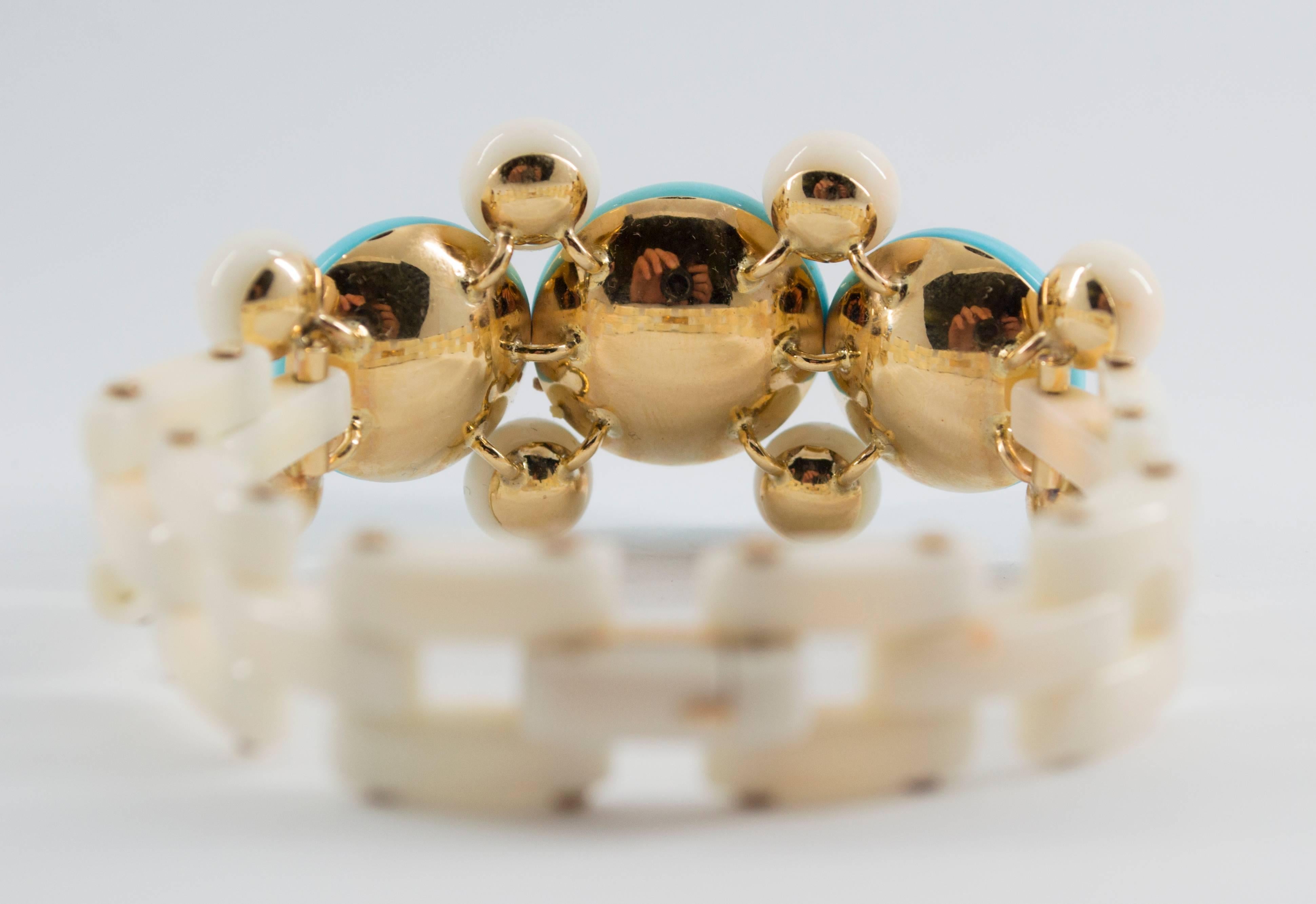 Onyx Turquoise White Coral Diamond Yellow Gold Bracelet 1