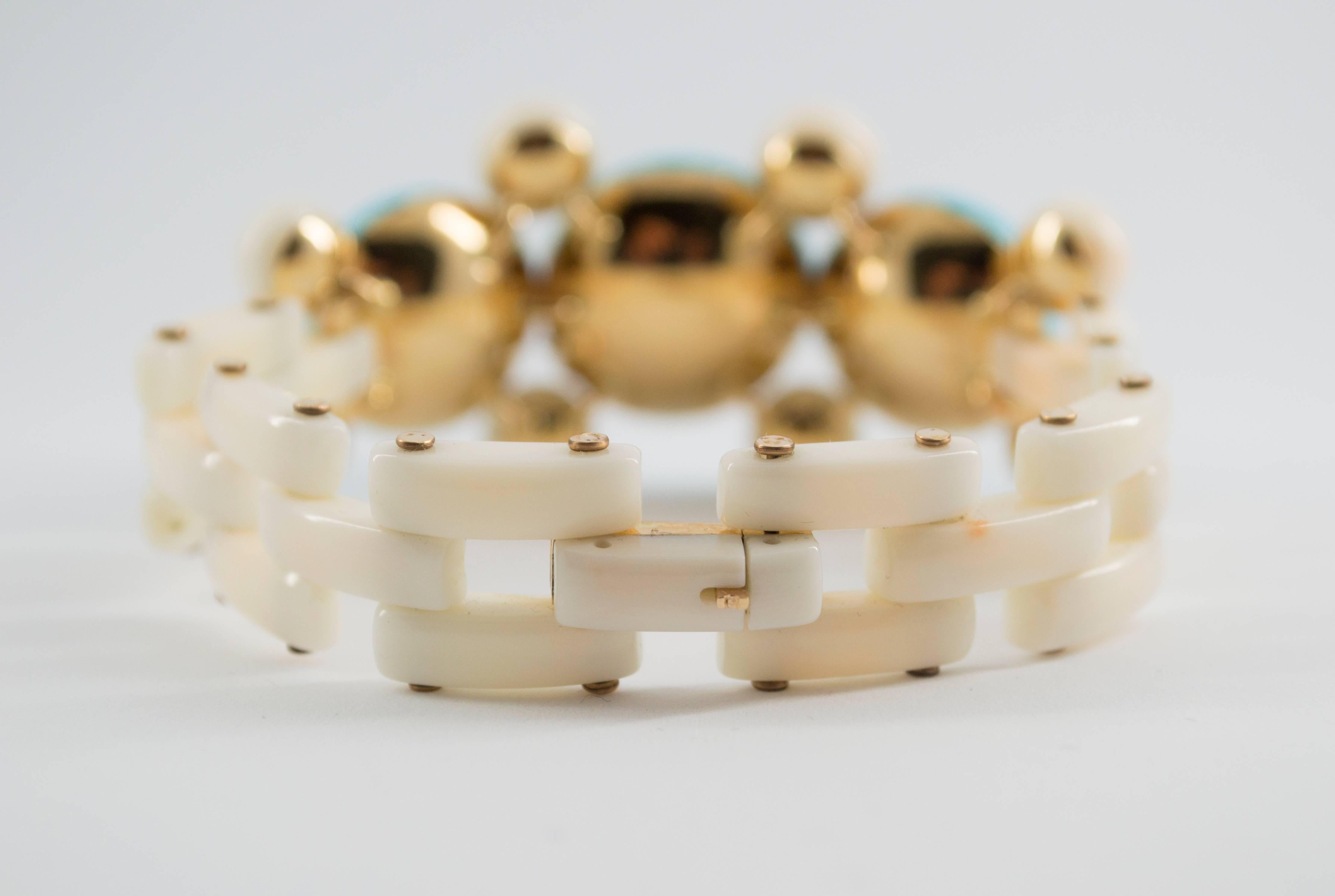 Onyx Turquoise White Coral Diamond Yellow Gold Bracelet 2
