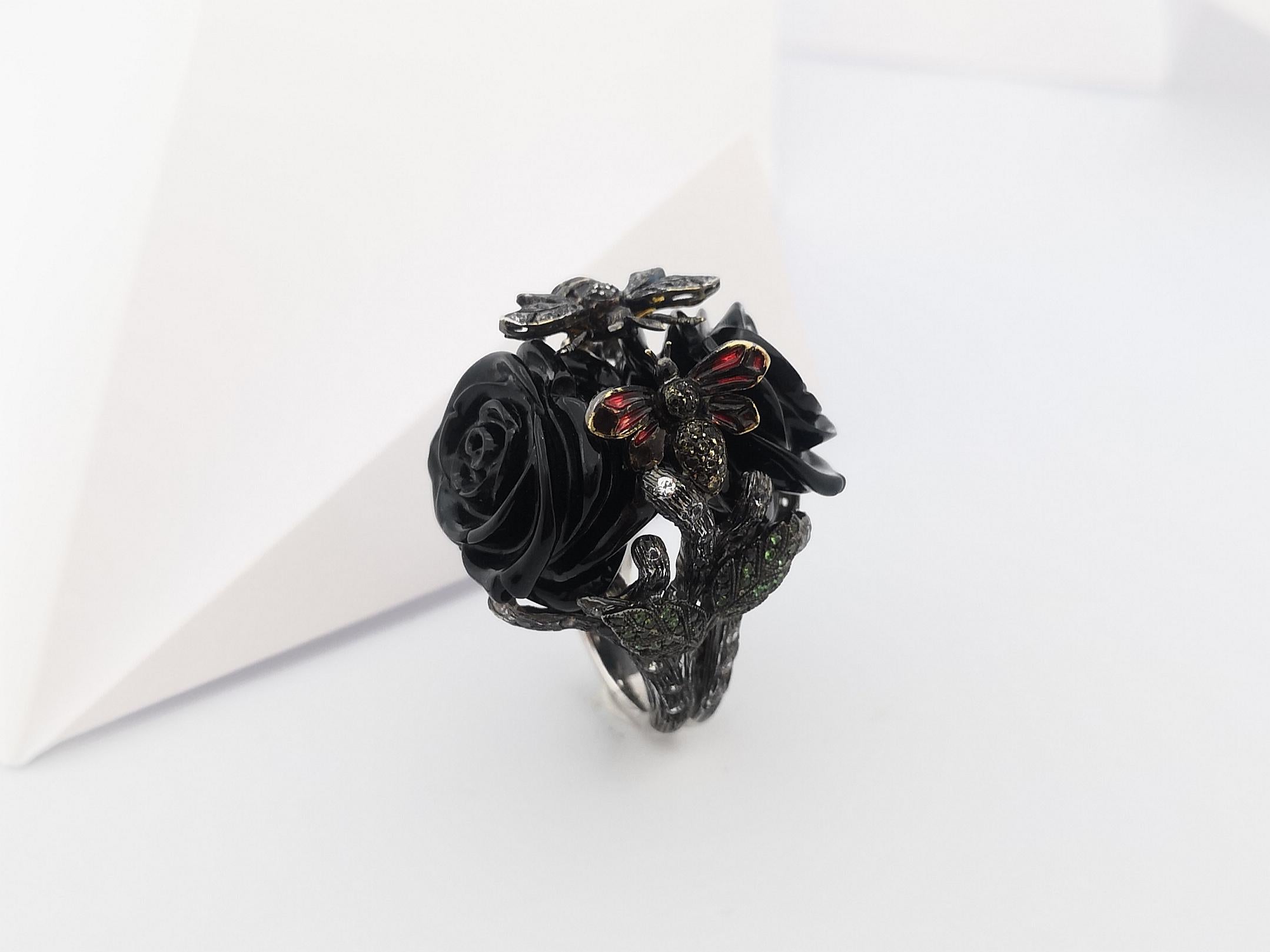 Onyx, White Sapphire, Tsavorite, Yellow Sapphire and Ruby Ring in Silver Setting For Sale 12