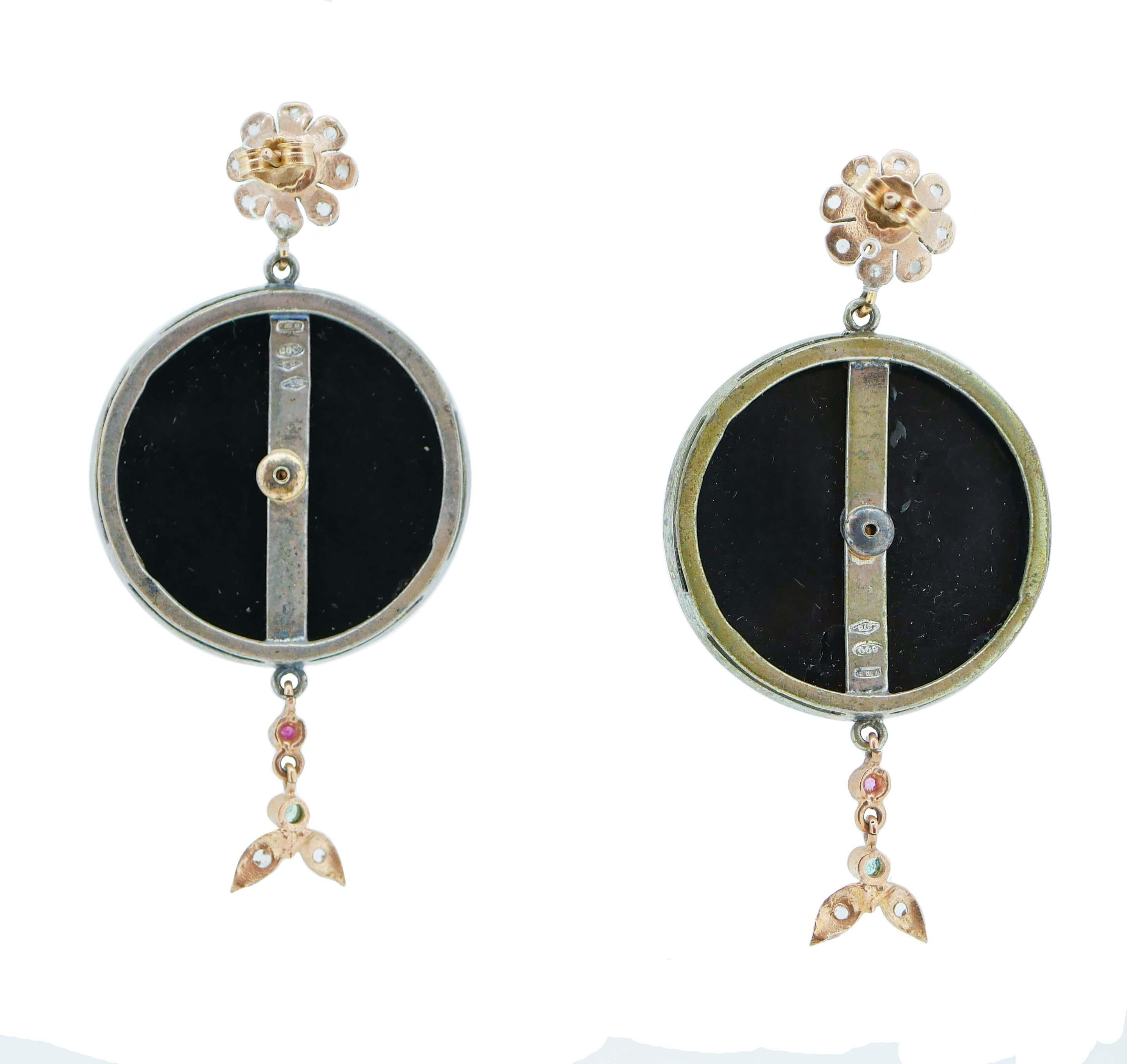 Retro Onyx, White Stones, Diamonds, Rubies, Emeralds, Rose Gold and Silver Earrings. For Sale