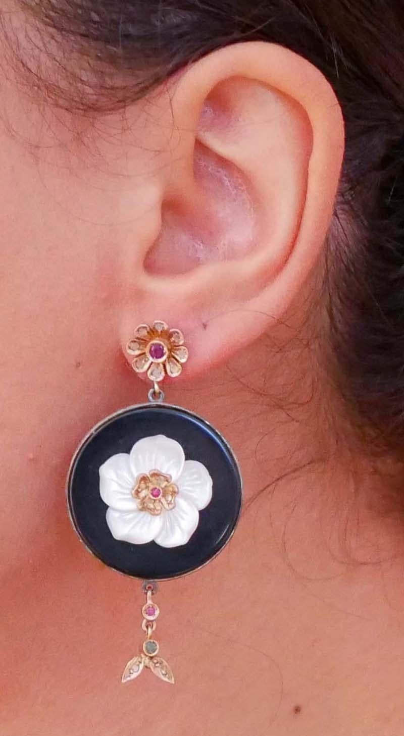 Onyx, White Stones, Diamonds, Rubies, Emeralds, Rose Gold and Silver Earrings. In Good Condition For Sale In Marcianise, Marcianise (CE)