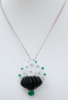 Onyx, White Stones, Green Agate, Diamonds, Platinum and 18 Kt White Gold Brooch.