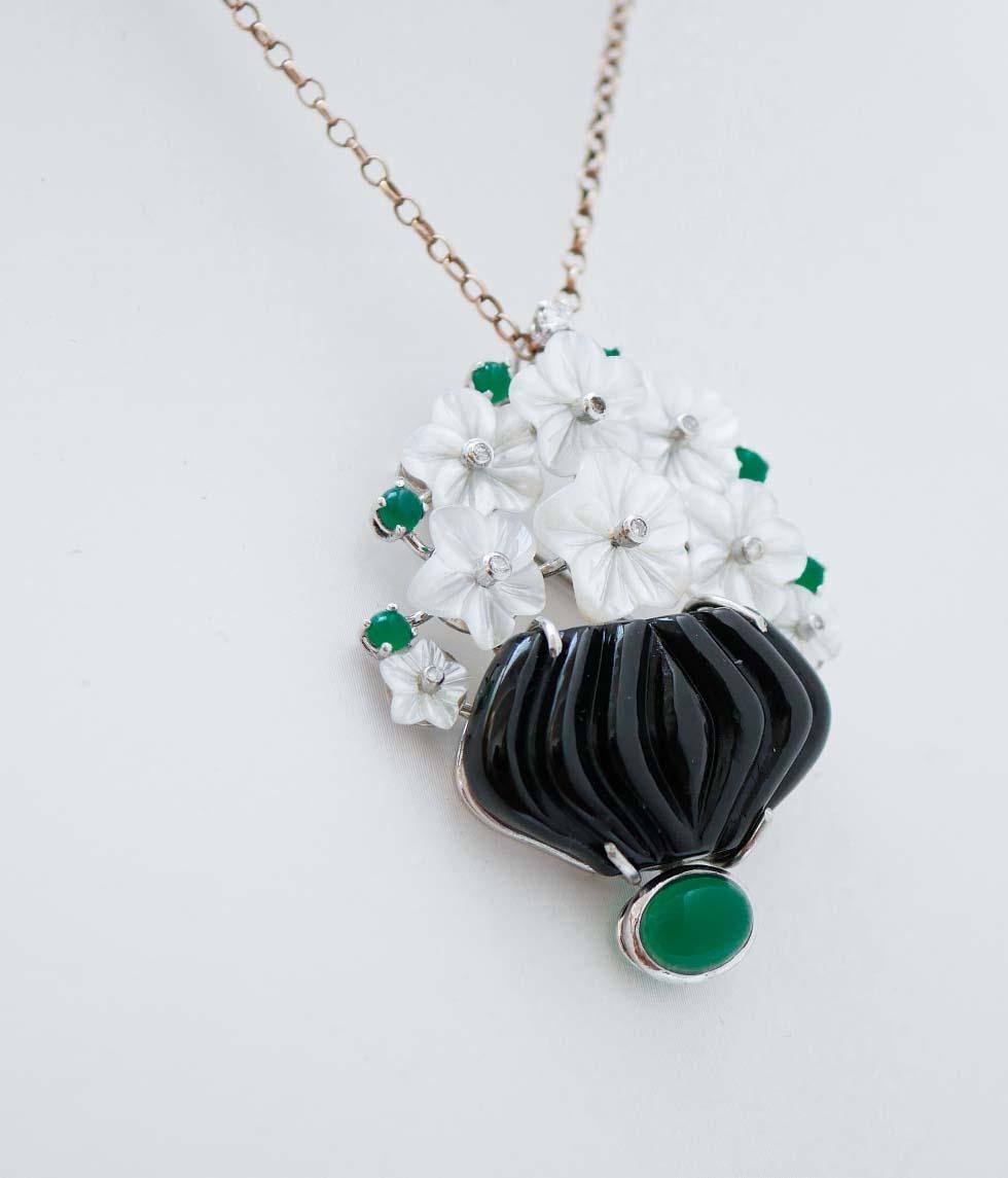 Retro Onyx, White Stones, Green Agate, Diamonds, Platinum and 18 Kt White Gold Brooch.