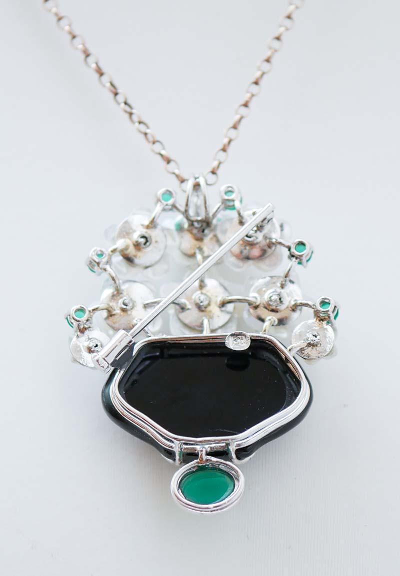Mixed Cut Onyx, White Stones, Green Agate, Diamonds, Platinum and 18 Kt White Gold Brooch.