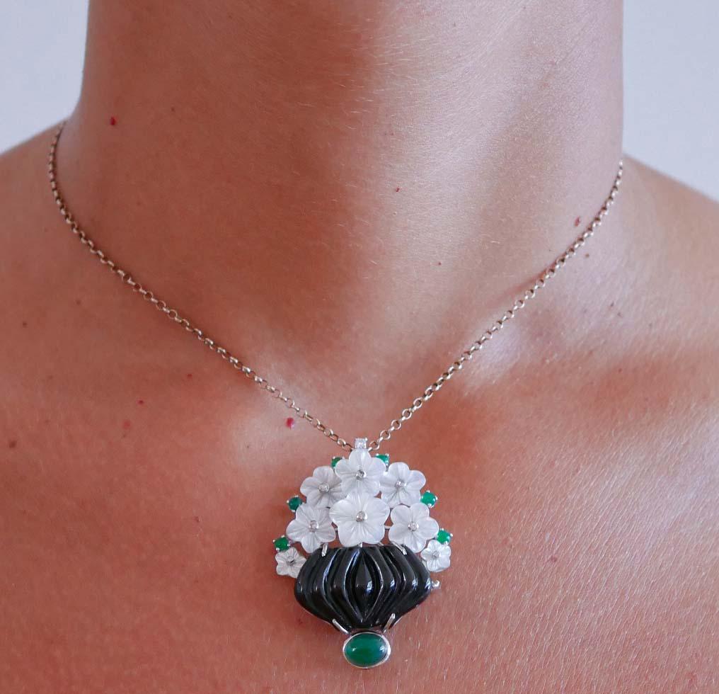 Women's Onyx, White Stones, Green Agate, Diamonds, Platinum and 18 Kt White Gold Brooch.