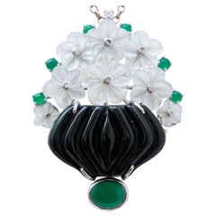 Onyx, White Stones, Green Agate, Diamonds, Platinum and 18 Kt White Gold Brooch.