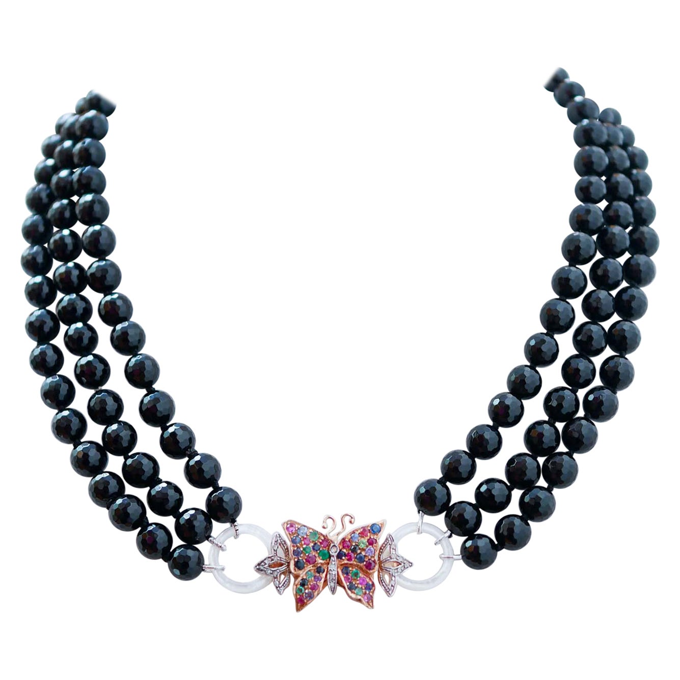 Ónice, Piedras Blancas, Rubíes, Zafiros, Diamantes, Collar de Oro y Plata