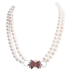 Onyx, White Stones, Rubies, Sapphires, Diamonds, Rose Gold and Silver Necklace