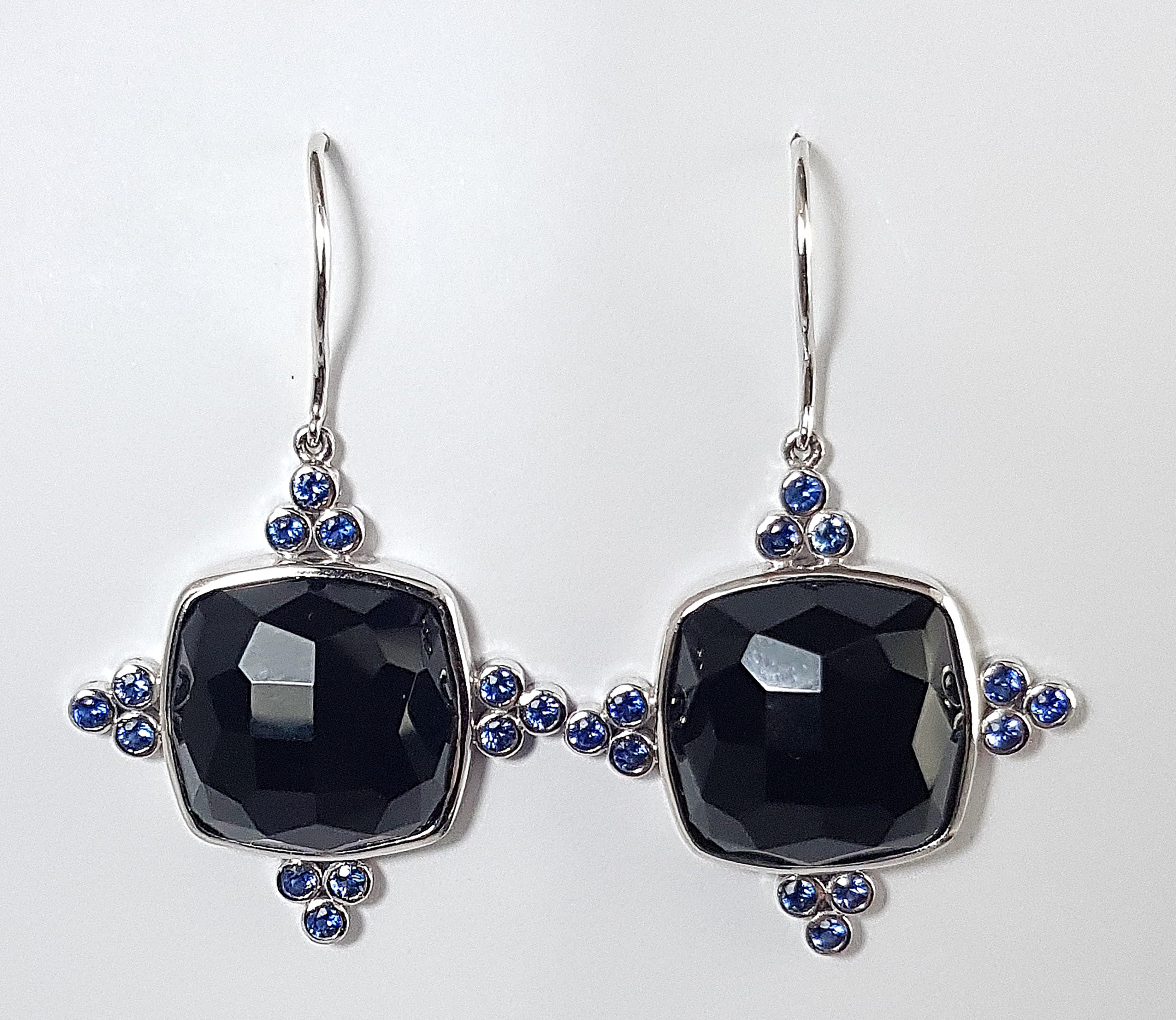 Onyx with Blue Sapphire 1.0 carat Earrings set in 18 Karat White Gold Settings

Width:  2.7 cm 
Length: 4.5 cm
Total Weight: 12.76 grams


