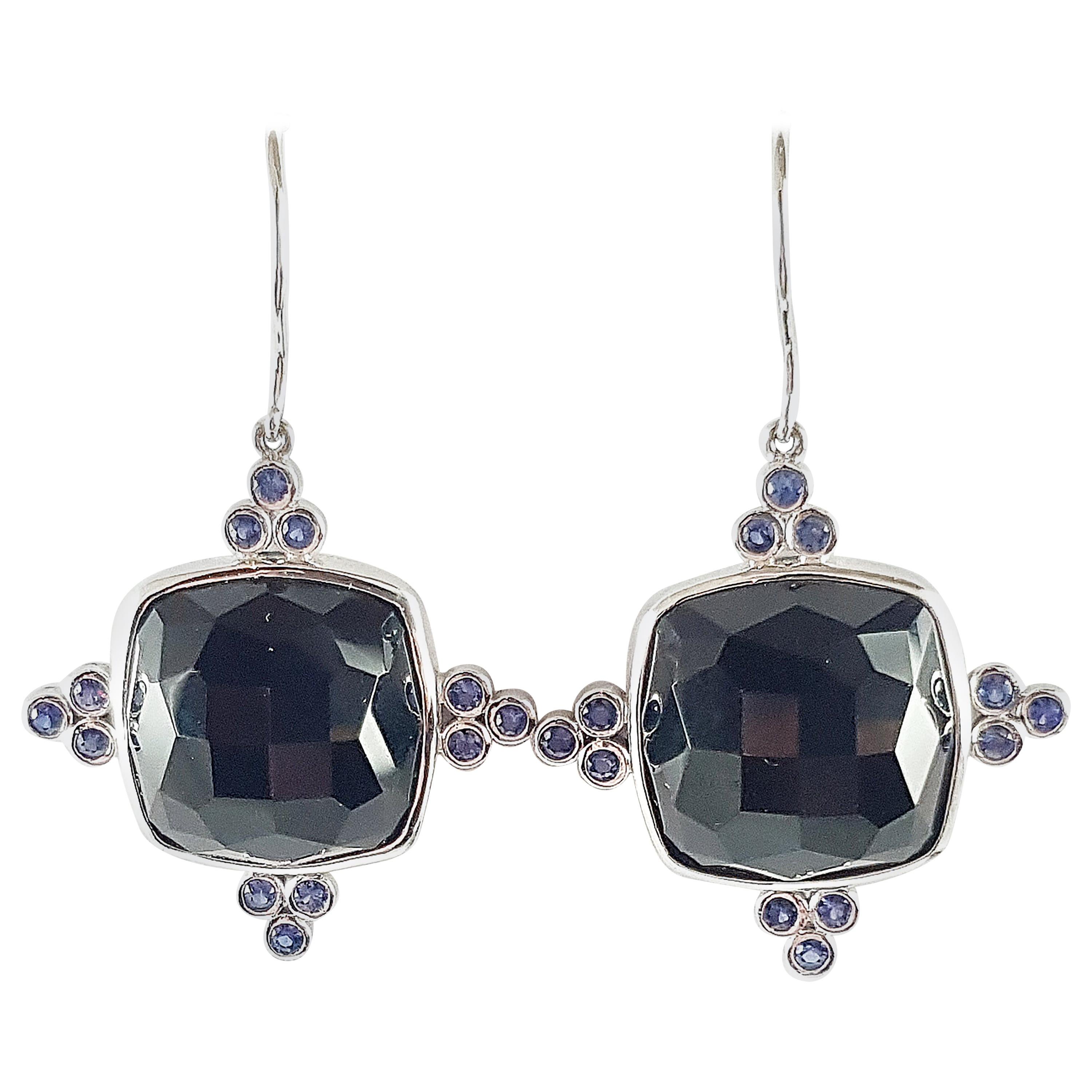 Onyx with Blue Sapphire Earrings Set in 18 Karat White Gold Settings For Sale