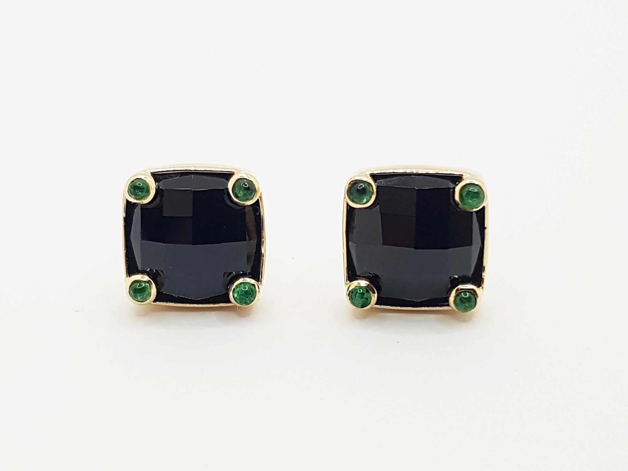 Contemporary Onyx with Cabochon Emerald Earrings Set in 18 Karat Gold Settings For Sale