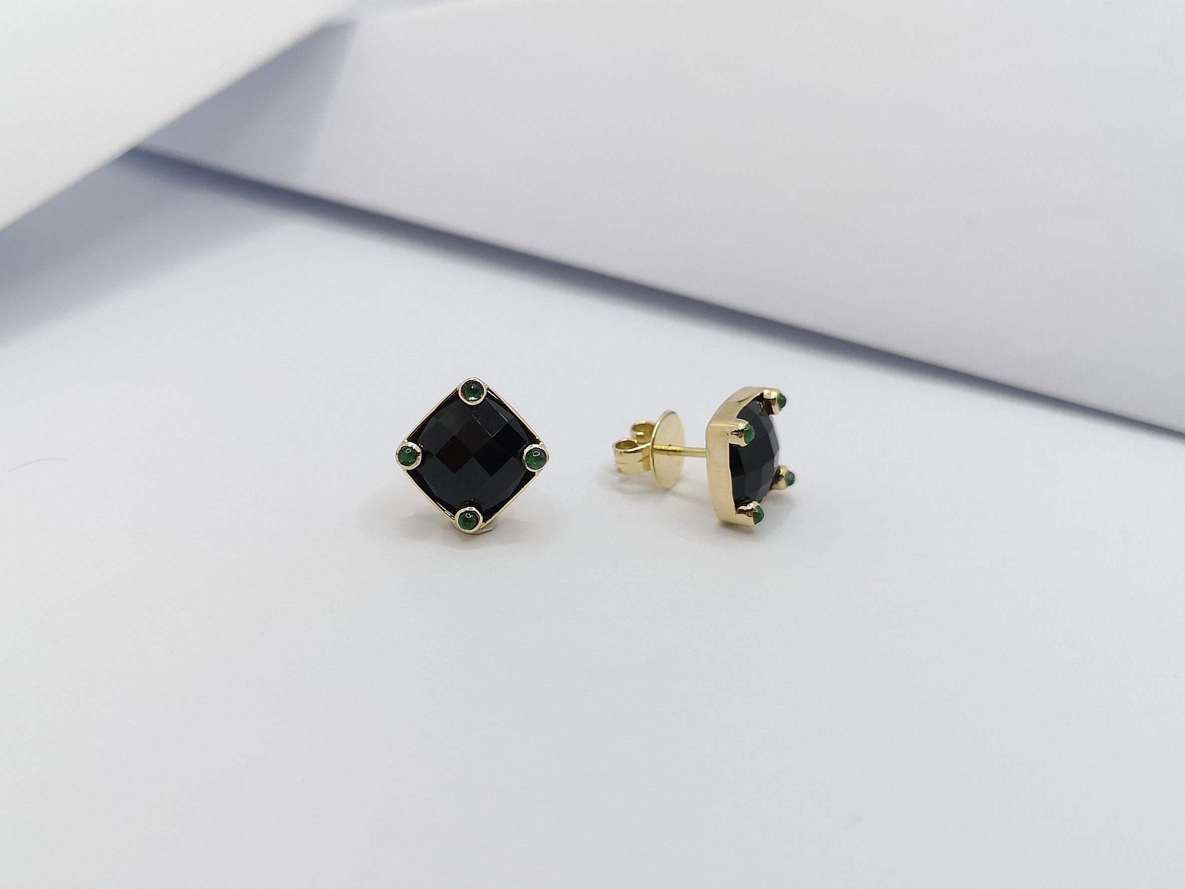 Cushion Cut Onyx with Cabochon Emerald Earrings Set in 18 Karat Gold Settings For Sale