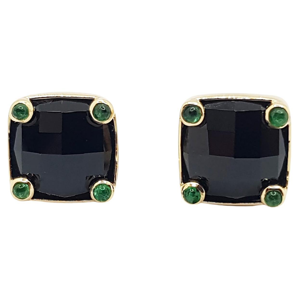 Onyx with Cabochon Emerald Earrings Set in 18 Karat Gold Settings For Sale