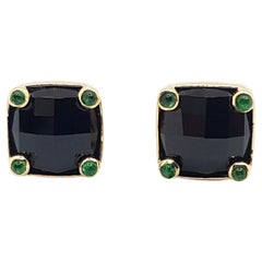 Onyx with Cabochon Emerald Earrings Set in 18 Karat Gold Settings