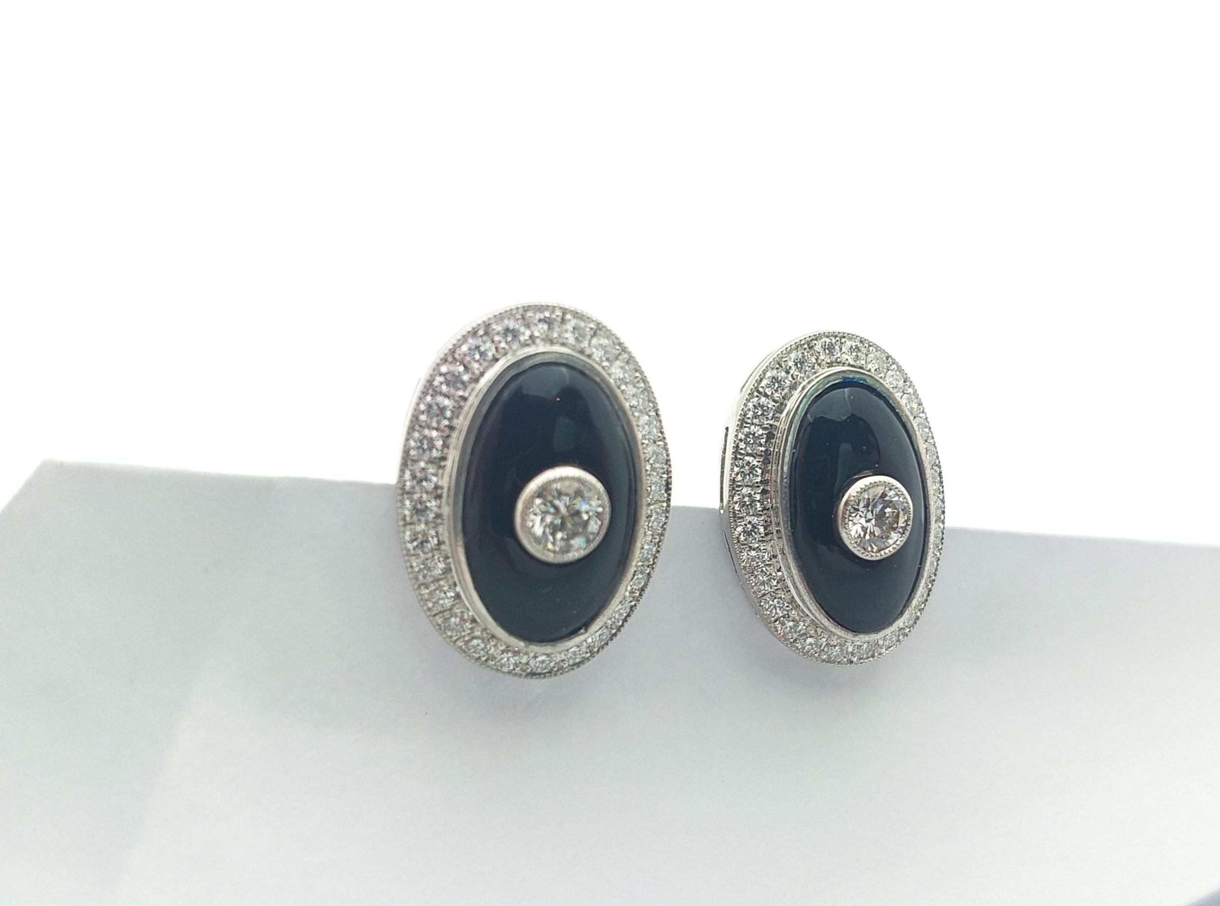 Onyx with Diamond Earrings Set in 18 Karat White Gold Settings For Sale 4