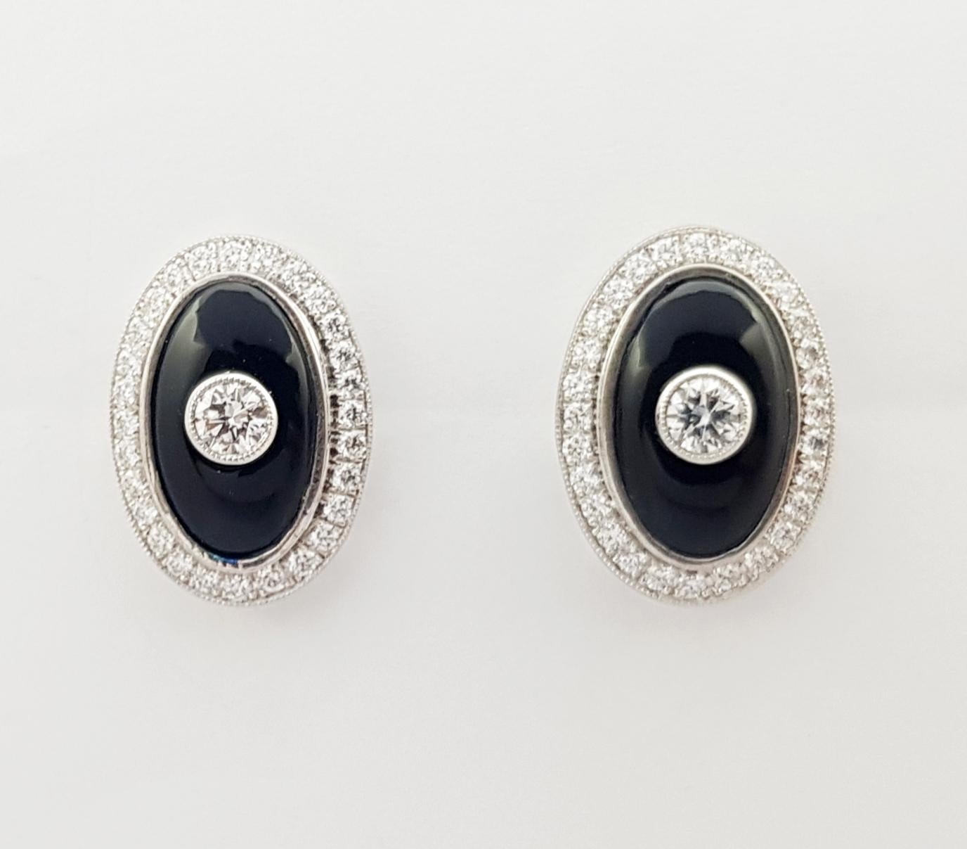 Art Deco Onyx with Diamond Earrings Set in 18 Karat White Gold Settings For Sale