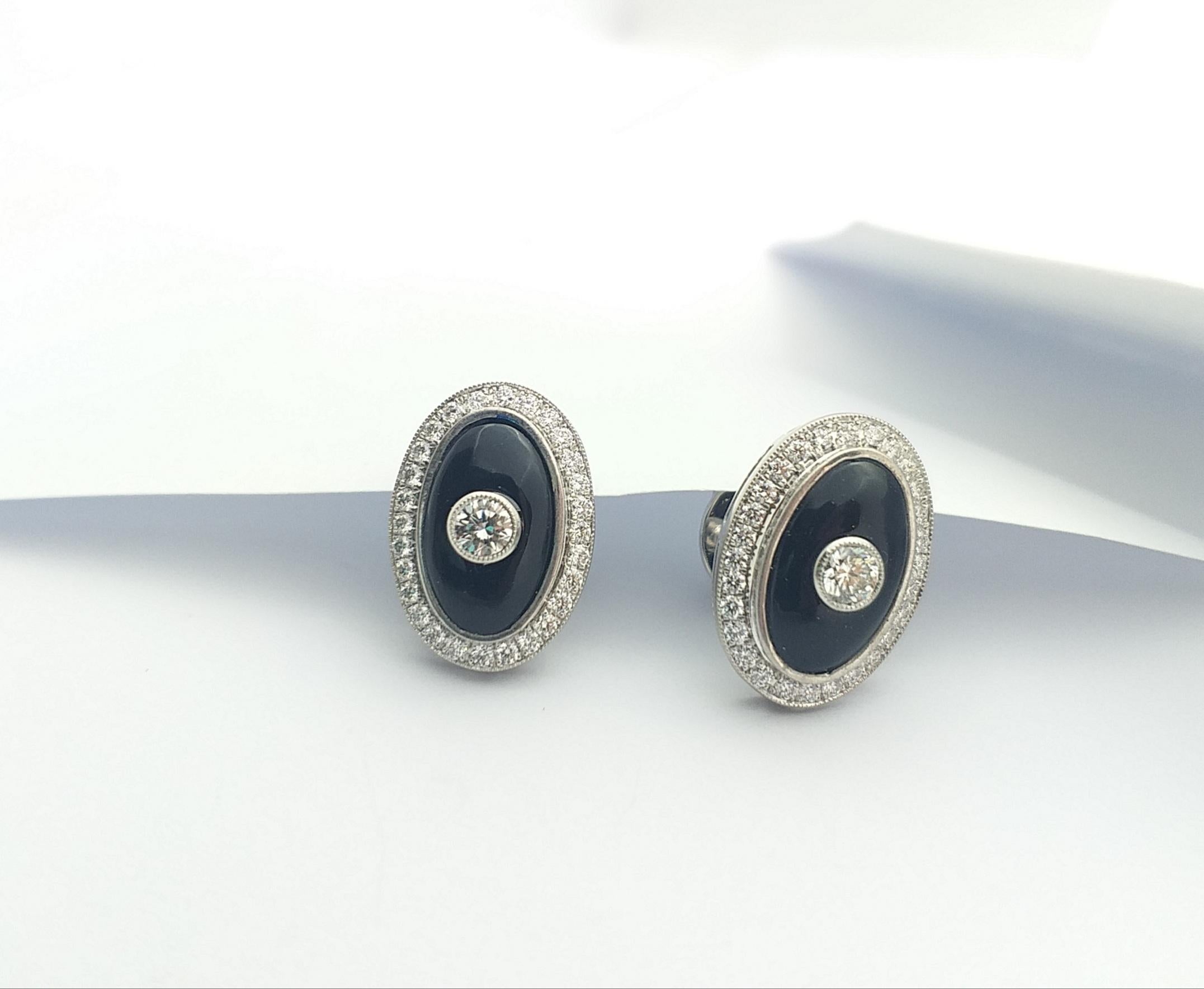 Brilliant Cut Onyx with Diamond Earrings Set in 18 Karat White Gold Settings For Sale