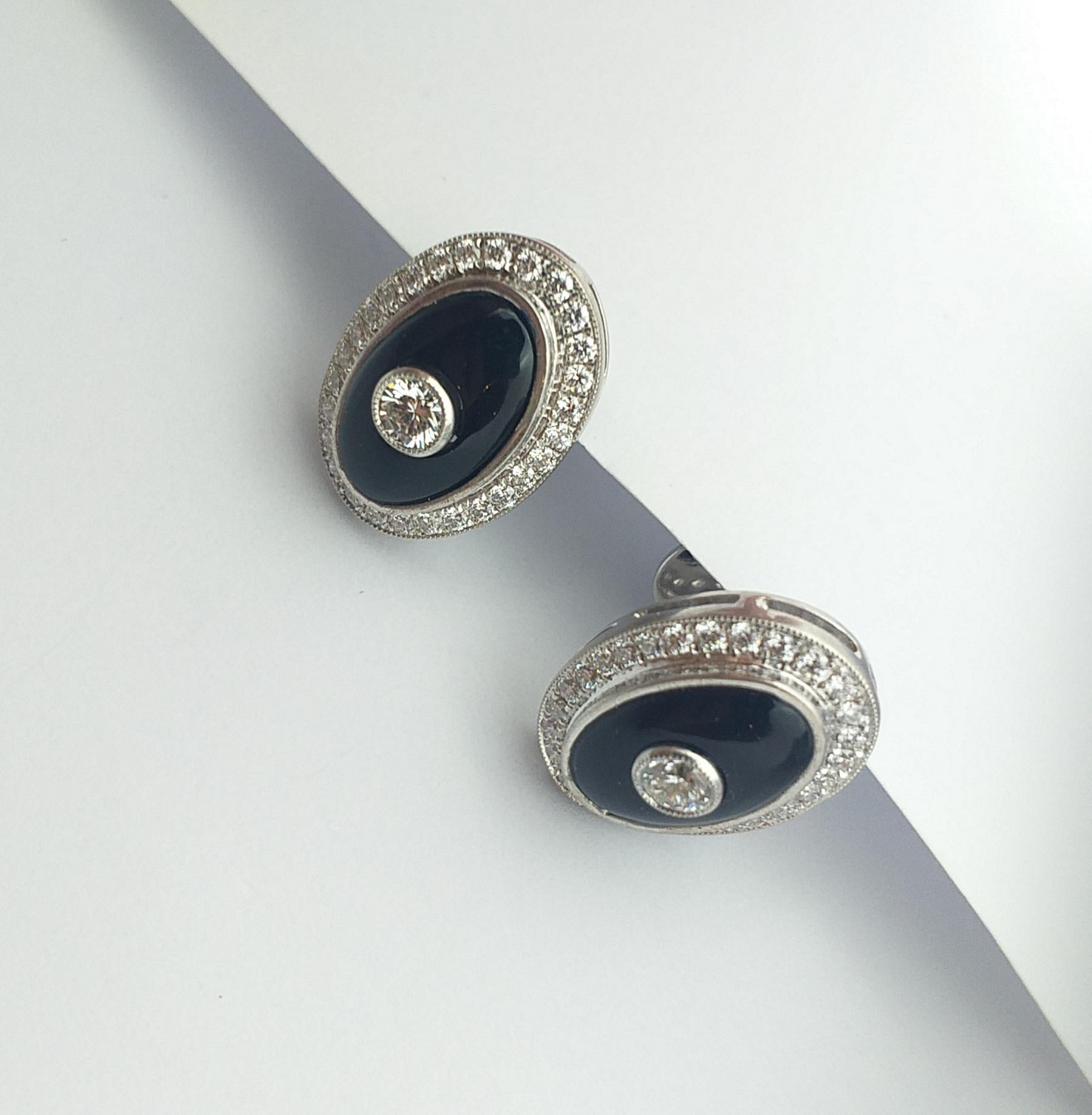 Women's Onyx with Diamond Earrings Set in 18 Karat White Gold Settings For Sale