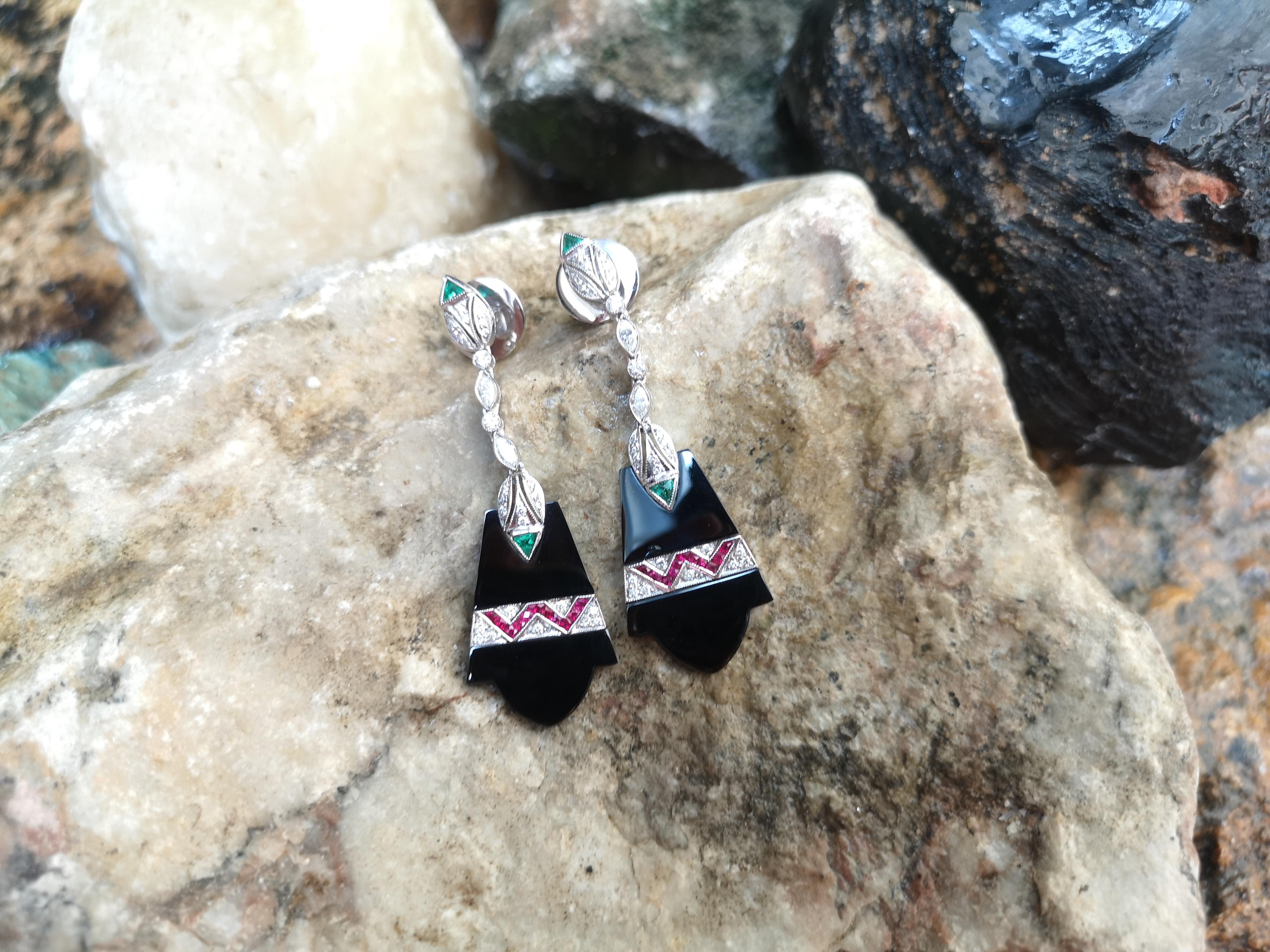 Trillion Cut Onyx with Emerald, Ruby and Diamond Earrings set in 18 Karat White Gold Settings For Sale