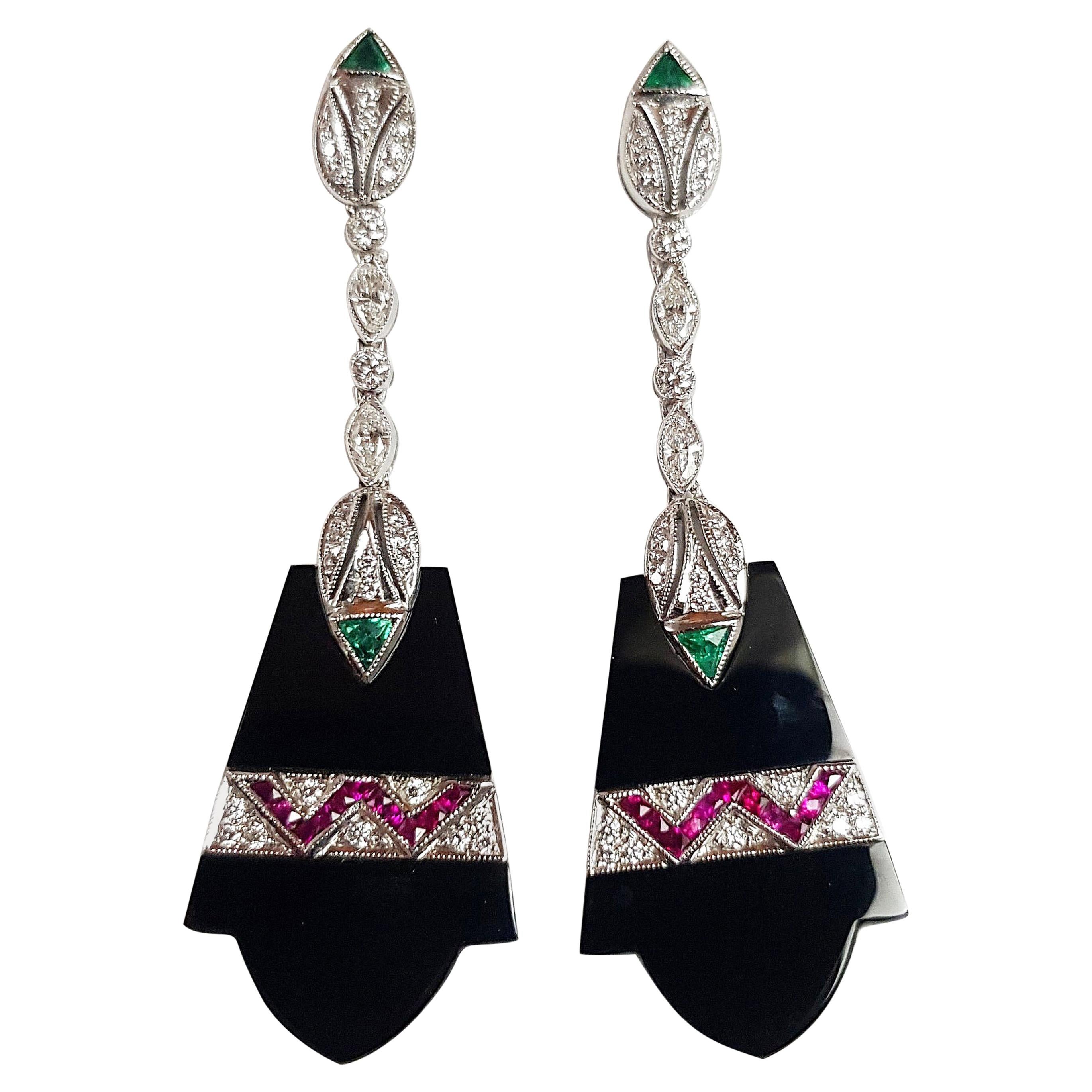Onyx with Emerald, Ruby and Diamond Earrings set in 18 Karat White Gold Settings