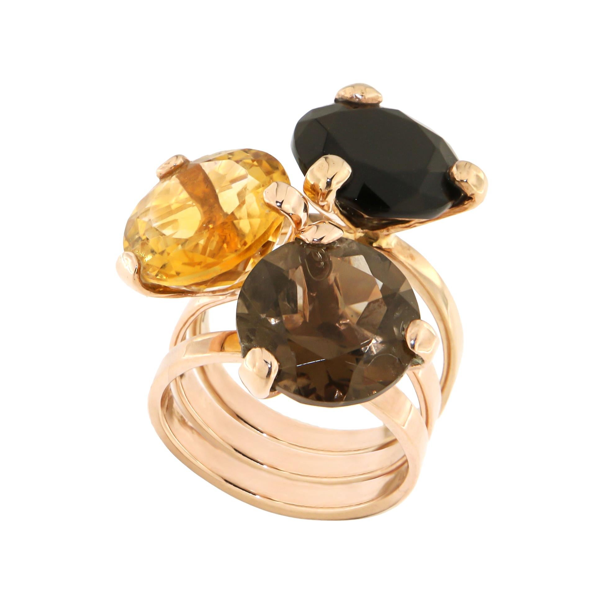 Onyx Yellow Brown Topaz Rose 9 Karat Rose Gold Ring Handcrafted in Italy  For Sale