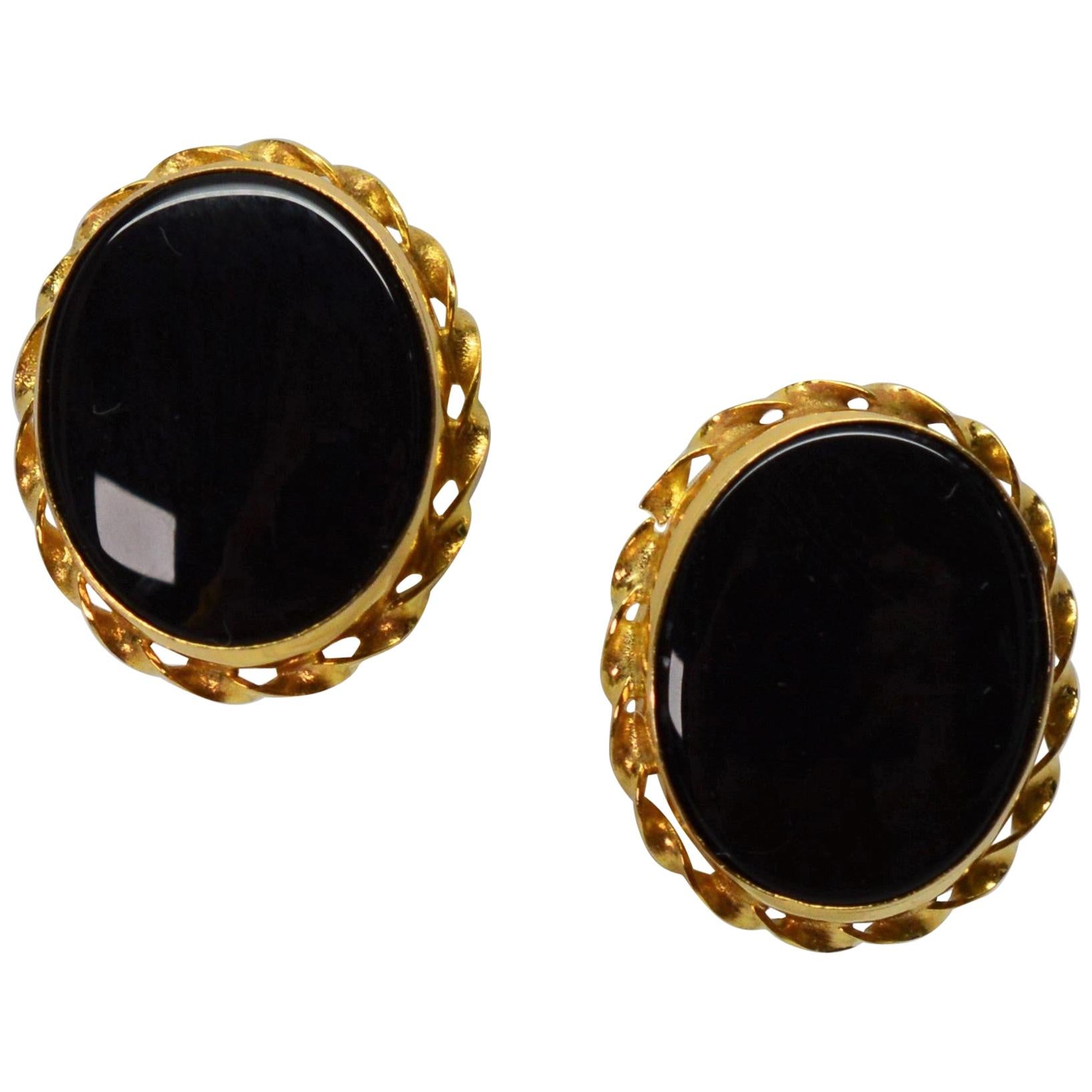 Onyx Yellow Gold Button Stud Earrings
