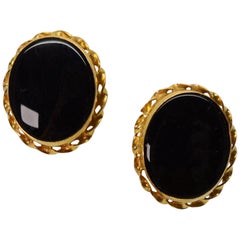 Onyx Yellow Gold Button Stud Earrings