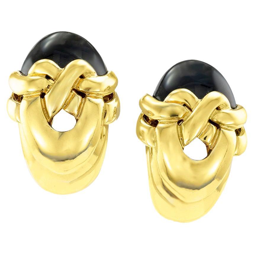 Onyx Yellow Gold Clip On Earrings For Sale