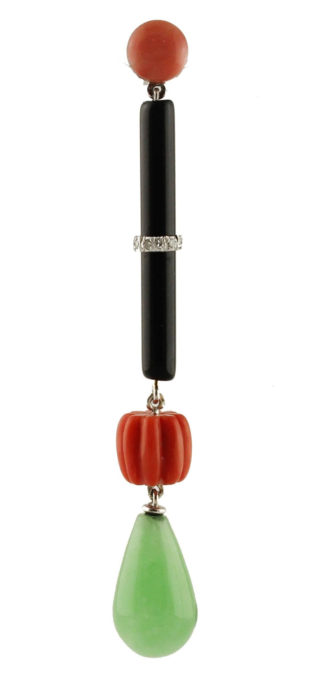 Contemporary Onyx, Green Jade, Diamonds, Red Coral, 14K White Gold Dangle Earrings For Sale