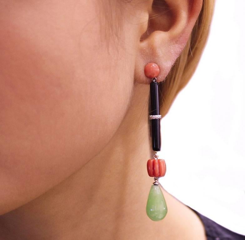 Women's Onyx, Green Jade, Diamonds, Red Coral, 14K White Gold Dangle Earrings