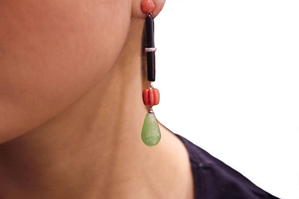 Onyx, Green Jade, Diamonds, Red Coral, 14K White Gold Dangle Earrings For Sale 1