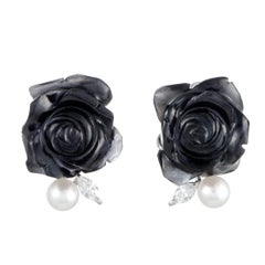 Onyx, Pearl and Diamond Gold Clip-On Earrings