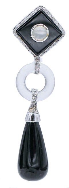 Onyx, Rock Crystal, Moonlight Stone, Diamonds, 14 Karat Gold Dangle Earrings