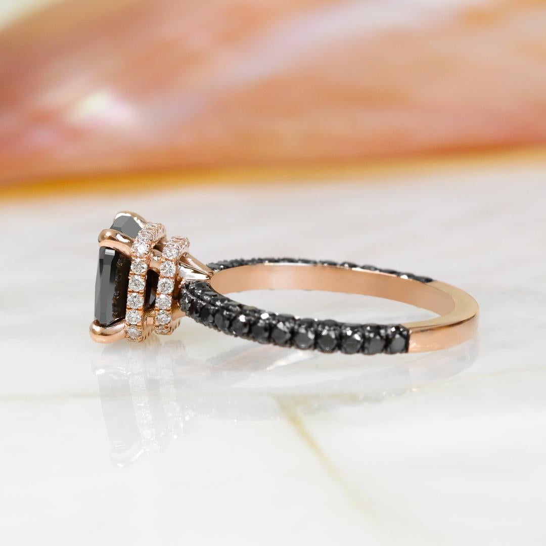 Cushion Cut Ooak 3.75 Carats Black & White Diamond Double Halo 3-Sided Ring in 14k Rose Gold For Sale