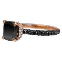Ooak 3.75 Carats Black 
White Diamond Double Halo 3-Sided Ring in 14k Rose Gold