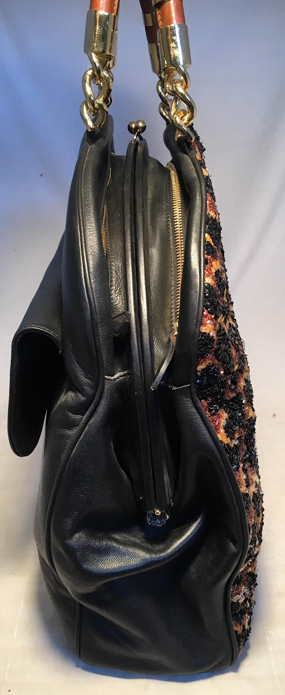 OOAK Abigail Made in Italy Contessa Leopard Beaded Gown Top Handle Leather Tote. One of a kind handmade top handle tote made from a beaded gown owned by an Italian contessa. Beaded leopard print sequin beaded front taken from a gown and turned into