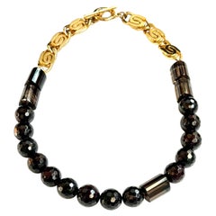 OOAK Beaded Garnet Necklace on Vintage Heavy Fancy Link Chain with Toggle Clasp