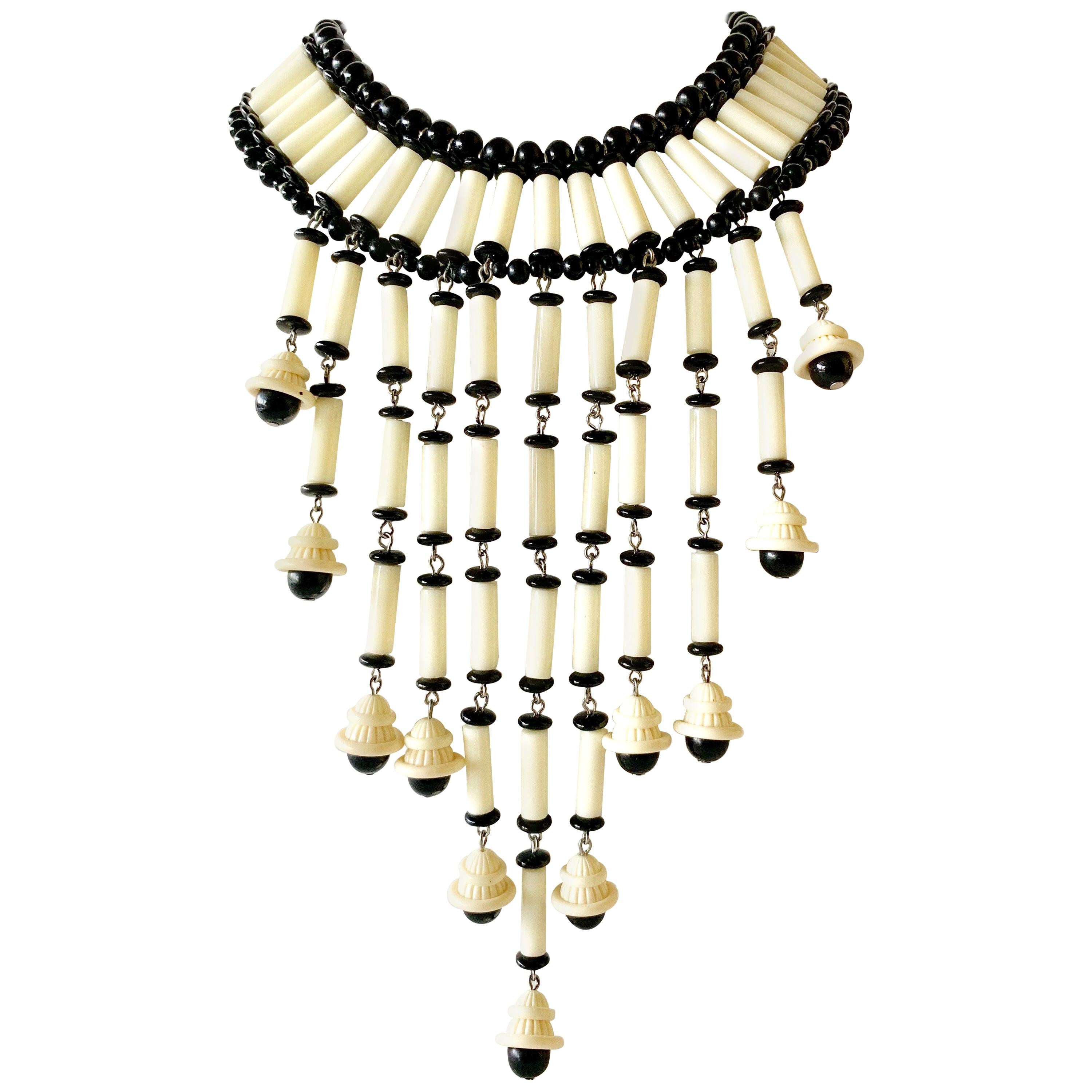 OOAK Black and White Architectural Fringe Statement Necklace 