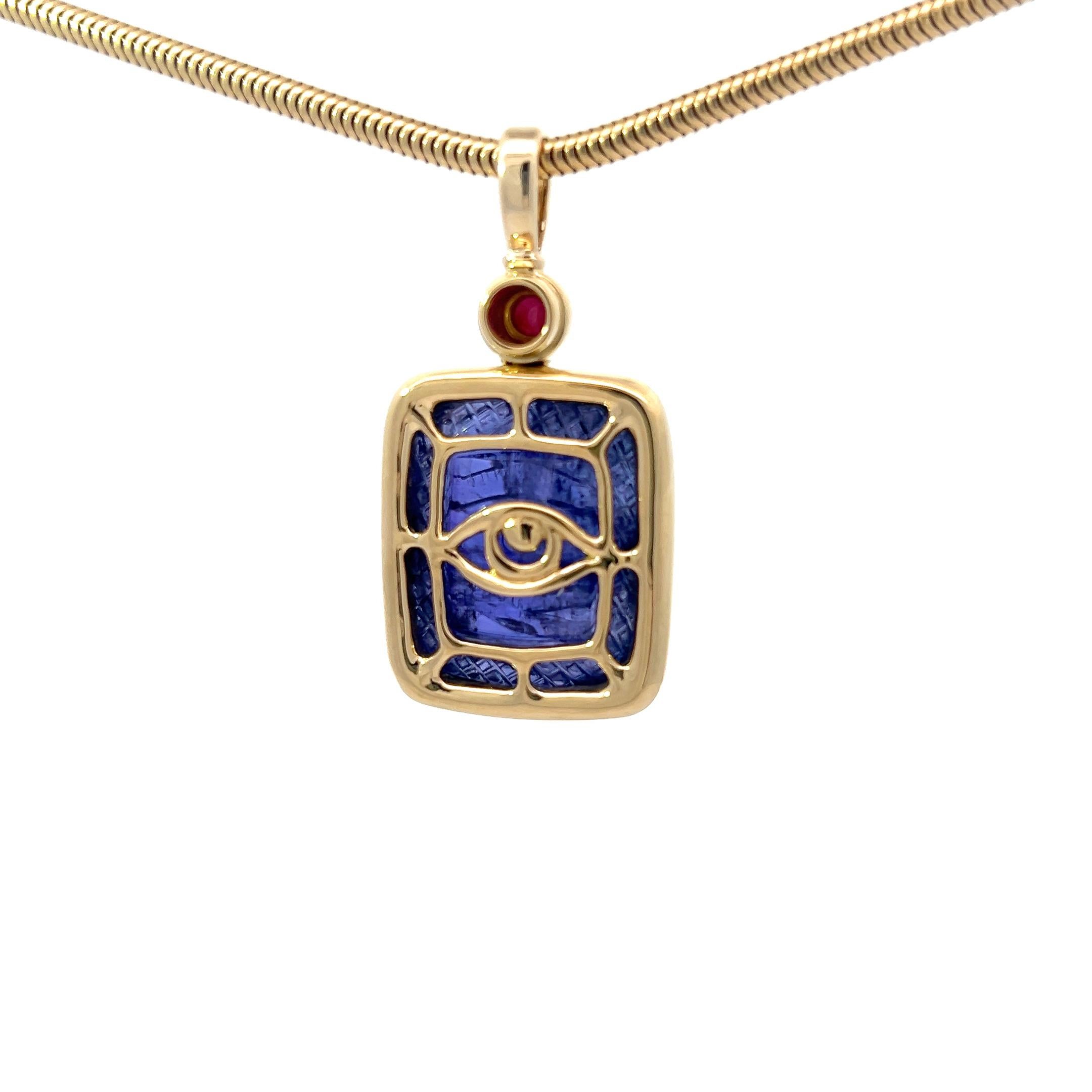 Round Cut OOAK Hand Carved 39.02ct Tanzanite and Ruby Cab Pendant In 18K Yellow Gold For Sale