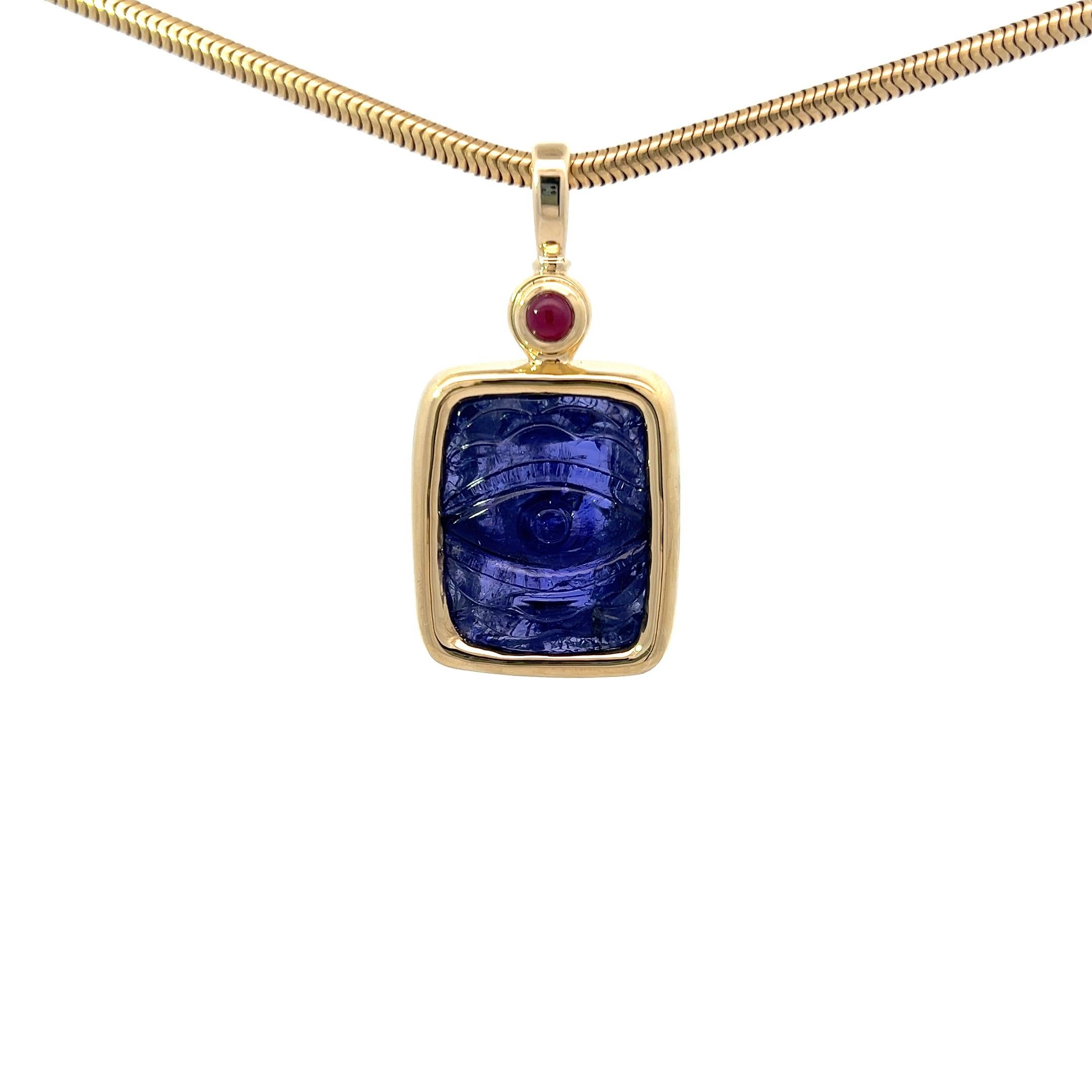 Women's or Men's OOAK Hand Carved 39.02ct Tanzanite and Ruby Cab Pendant In 18K Yellow Gold For Sale