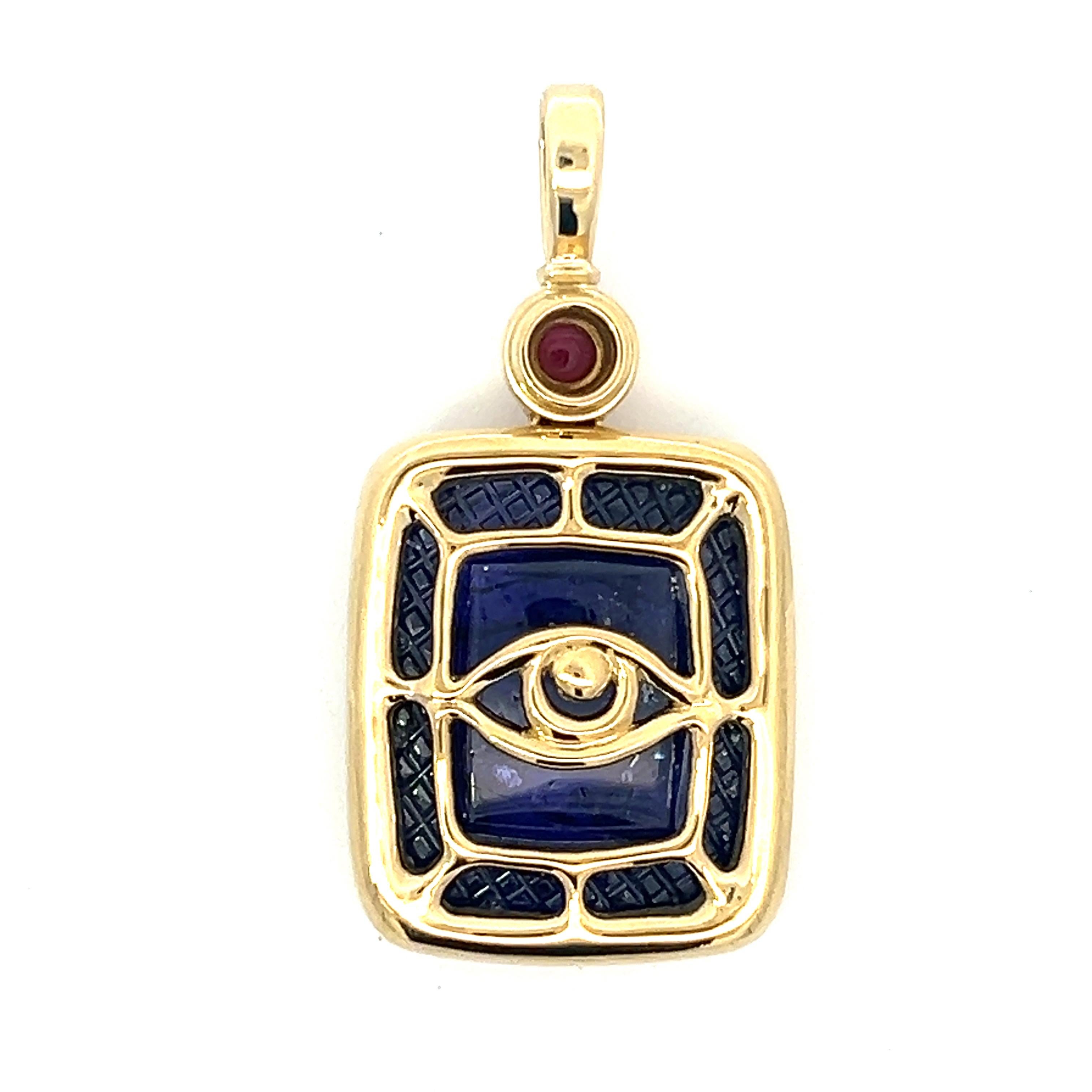 OOAK Hand Carved 39.02ct Tanzanite and Ruby Cab Pendant In 18K Yellow Gold For Sale 1