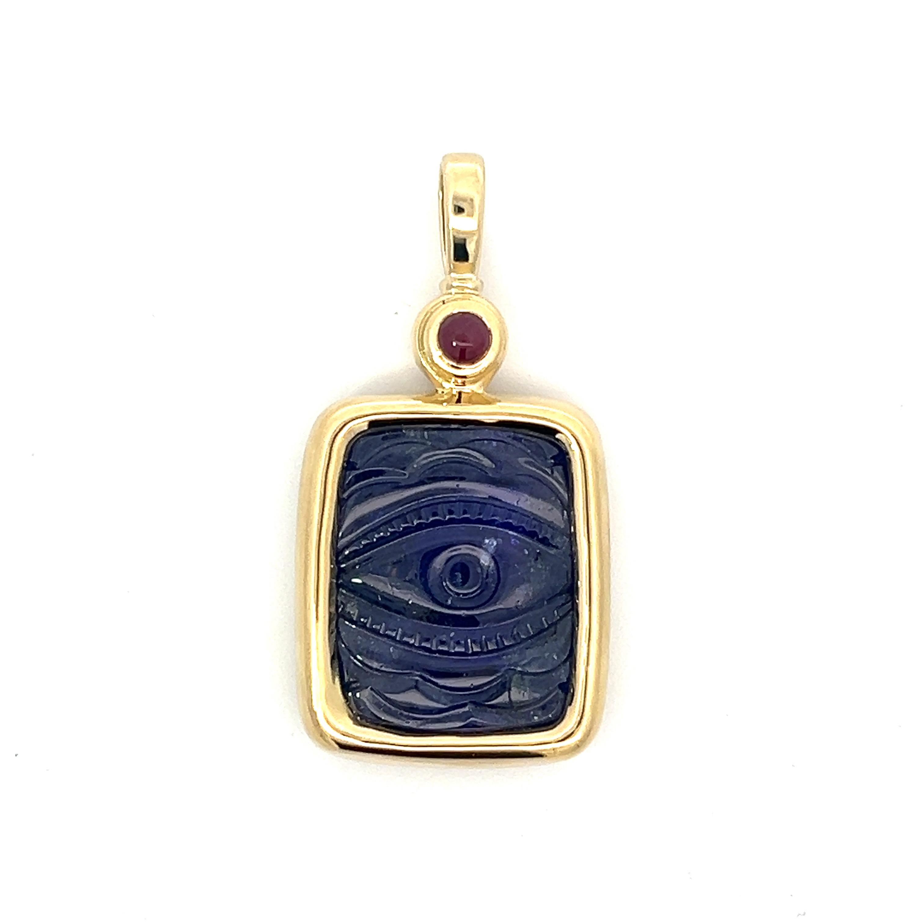 OOAK Hand Carved 39.02ct Tanzanite and Ruby Cab Pendant In 18K Yellow Gold For Sale 2