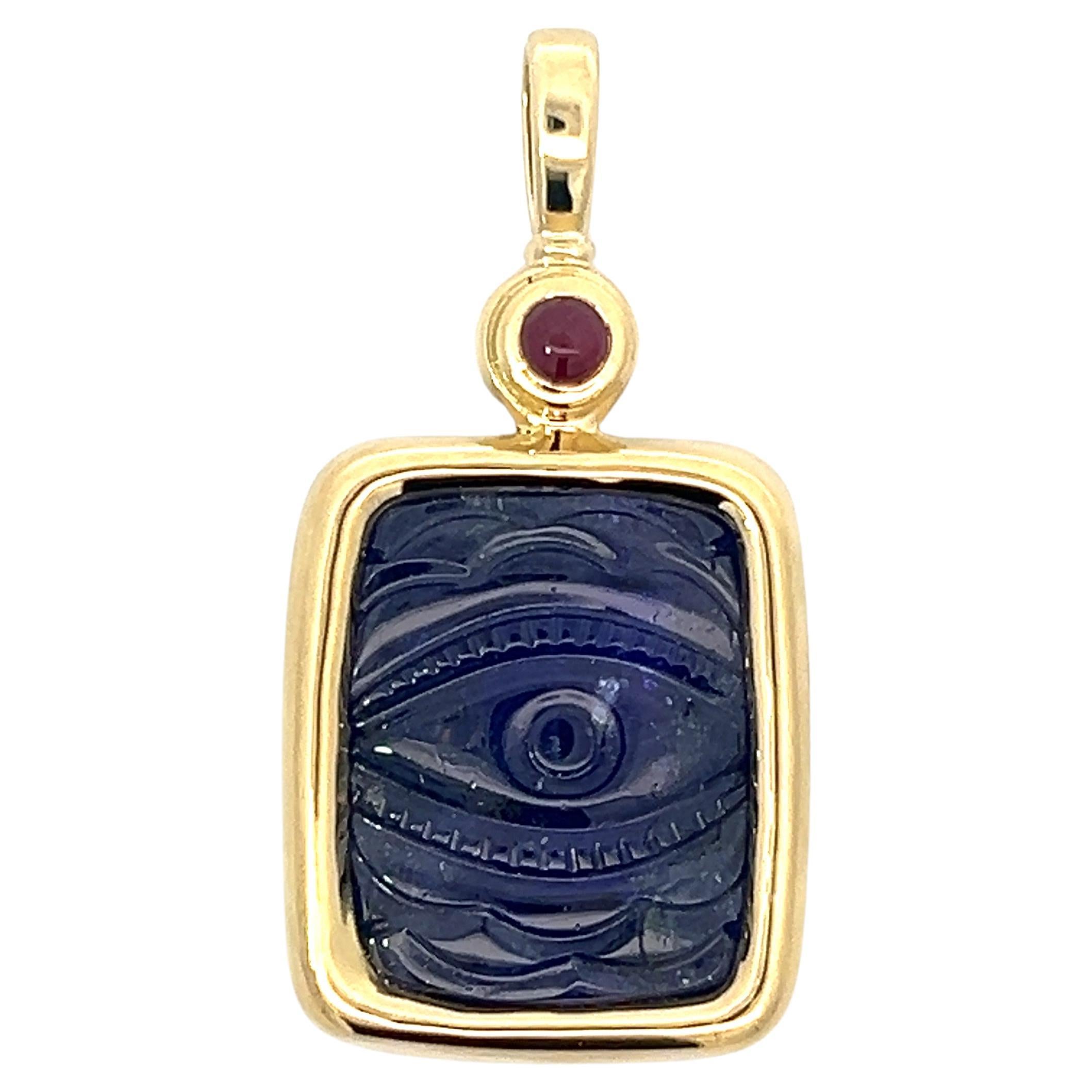 OOAK Hand Carved 39.02ct Tanzanite and Ruby Cab Pendant In 18K Yellow Gold For Sale
