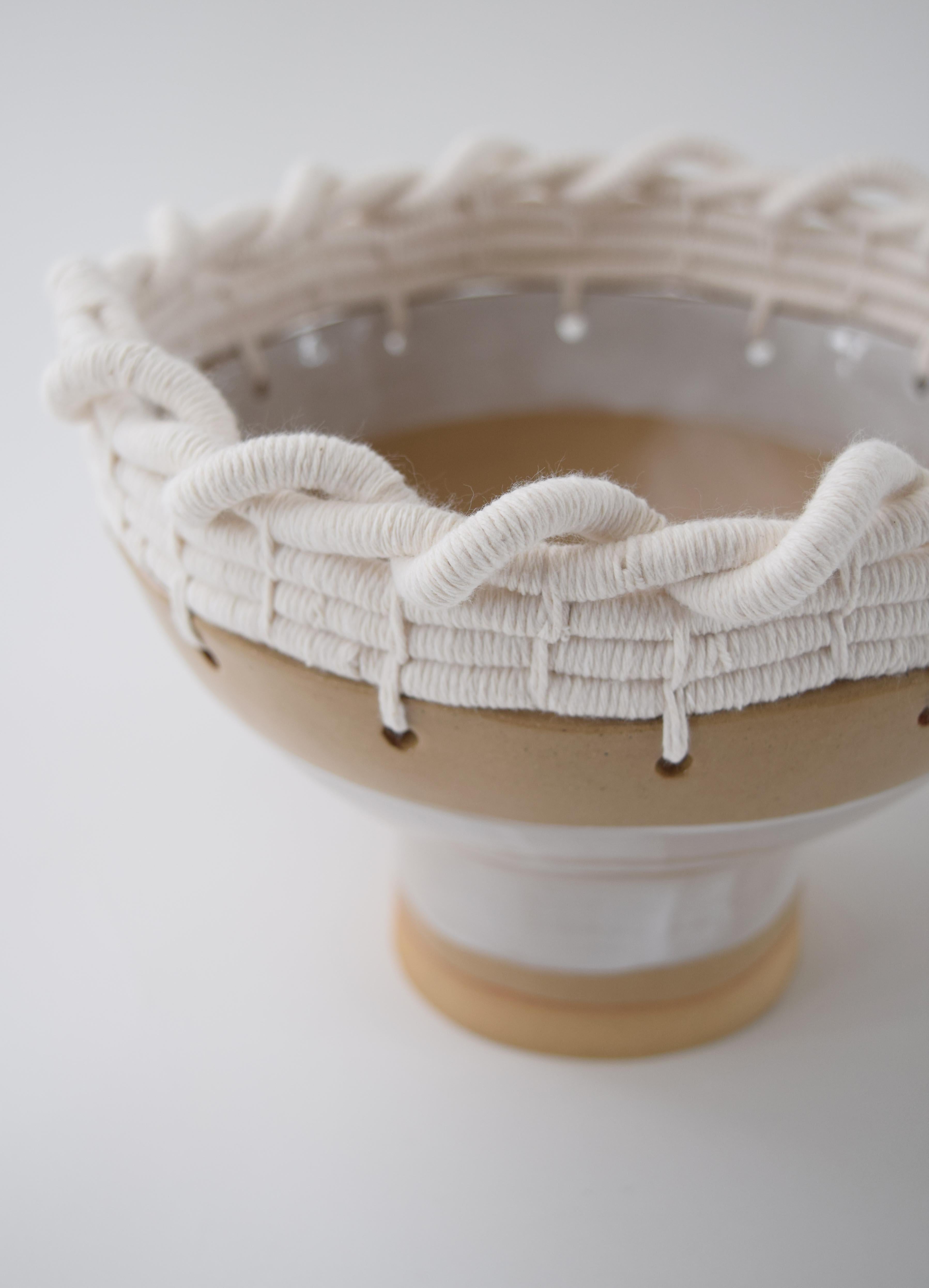 Organic Modern OOAK Handmade Ceramic Bowl #799, Hand Glazed White Stripes & Woven Cotton Upper