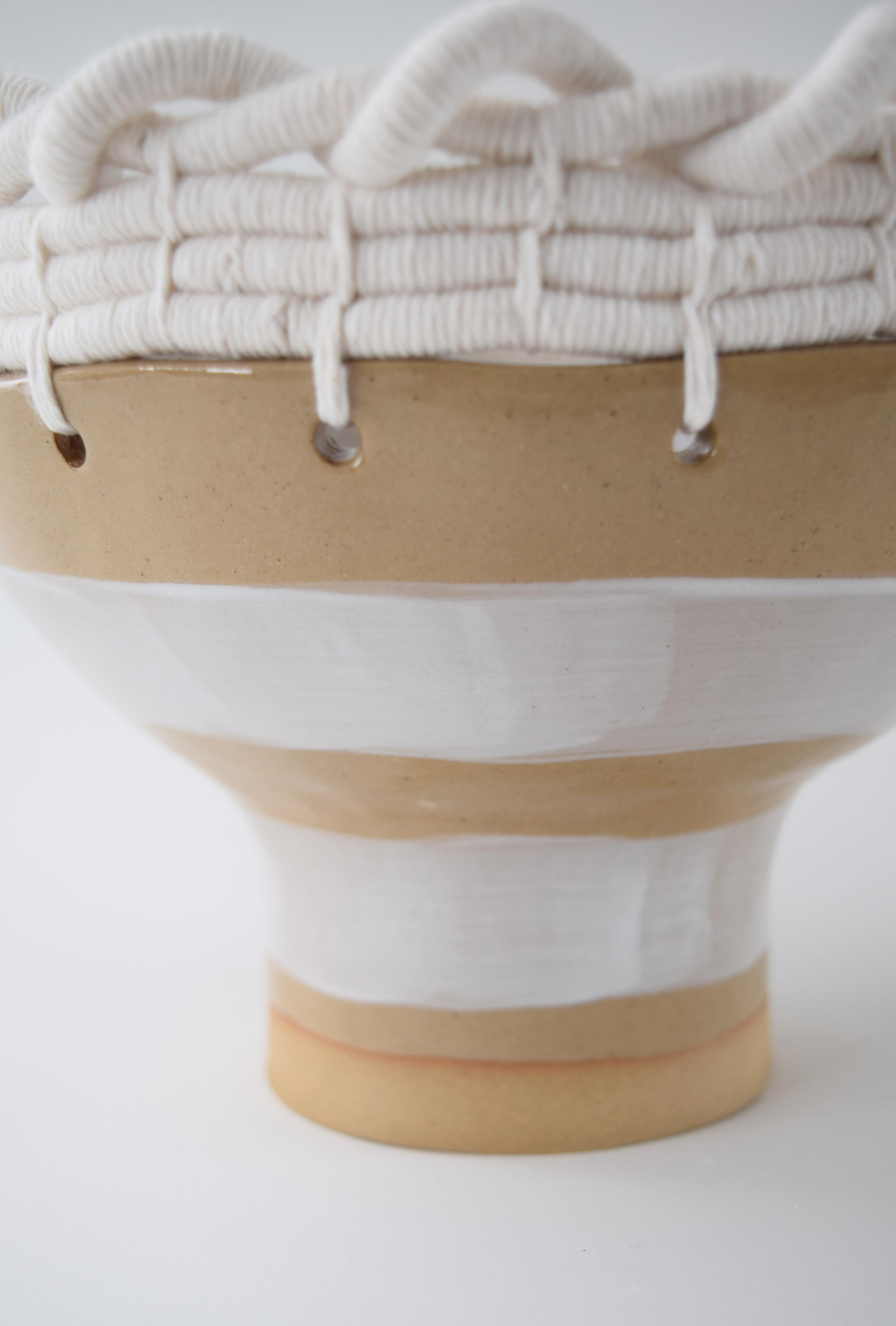American OOAK Handmade Ceramic Bowl #799, Hand Glazed White Stripes & Woven Cotton Upper