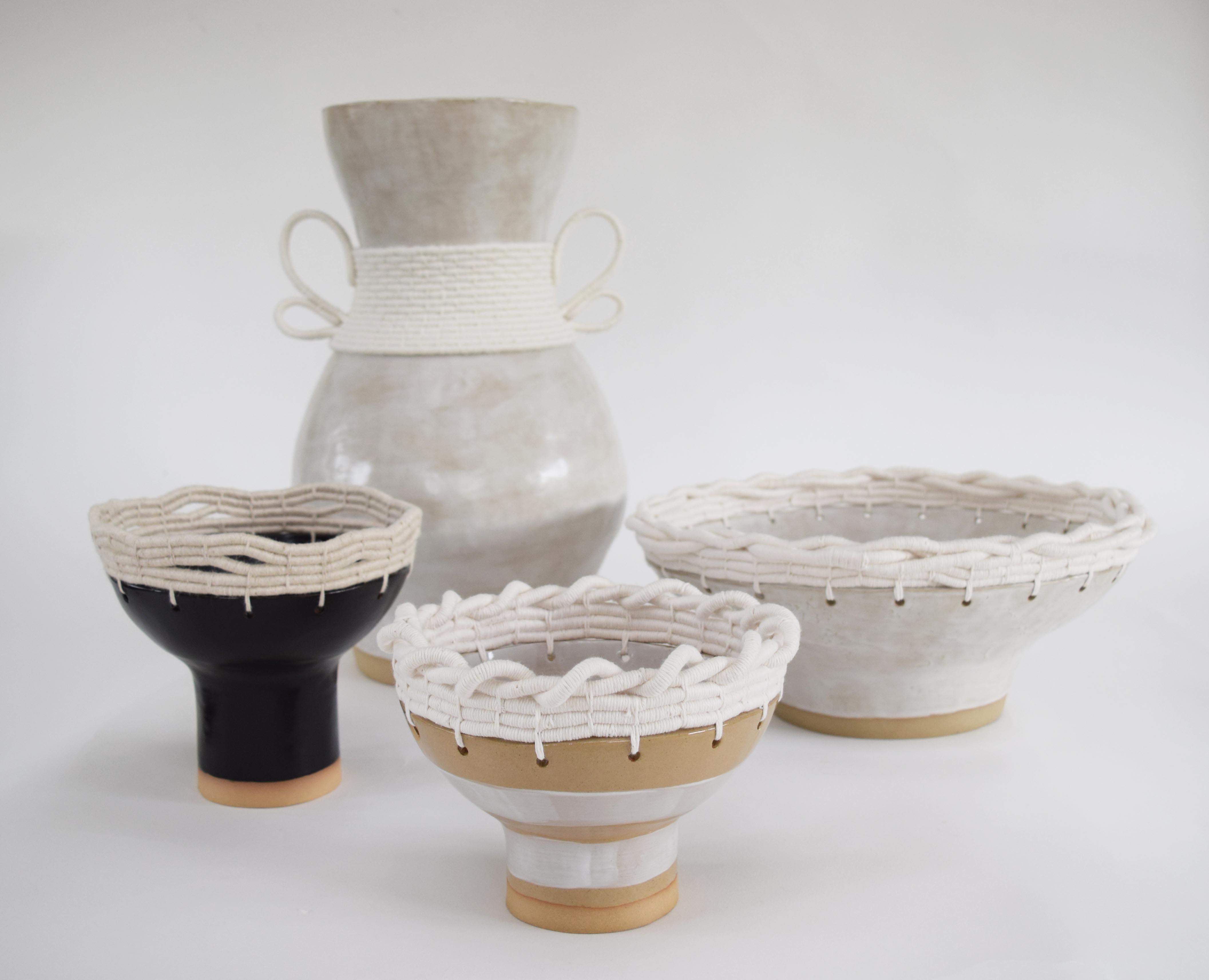 Hand-Knotted OOAK Handmade Ceramic Bowl #799, Hand Glazed White Stripes & Woven Cotton Upper