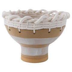 OOAK Handmade Ceramic Bowl #799, Hand Glazed White Stripes & Woven Cotton Upper