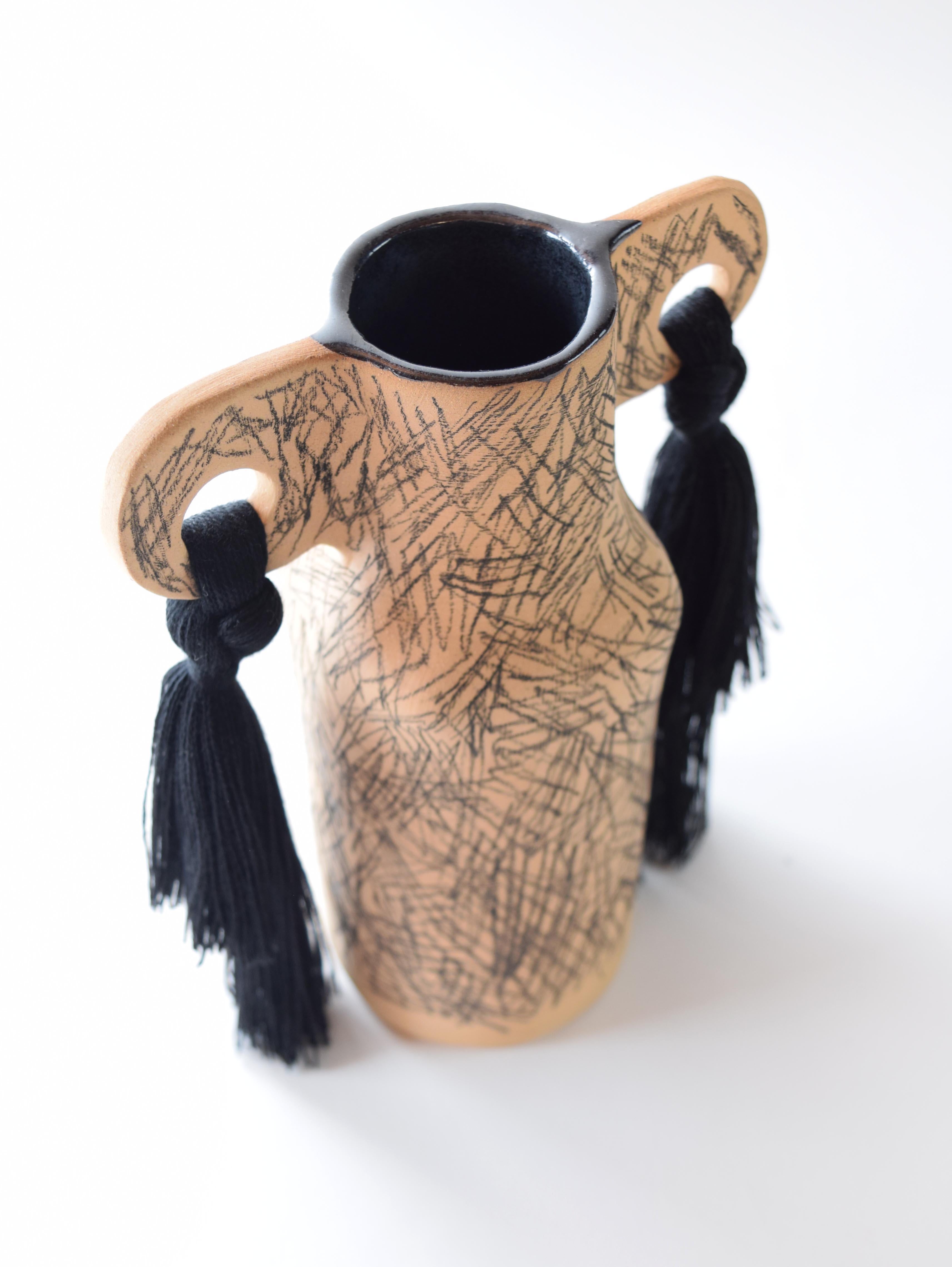 American OOAK Handmade Ceramic Vase #606 - Hand Drawn Black Underglaze & Tencel Fringe