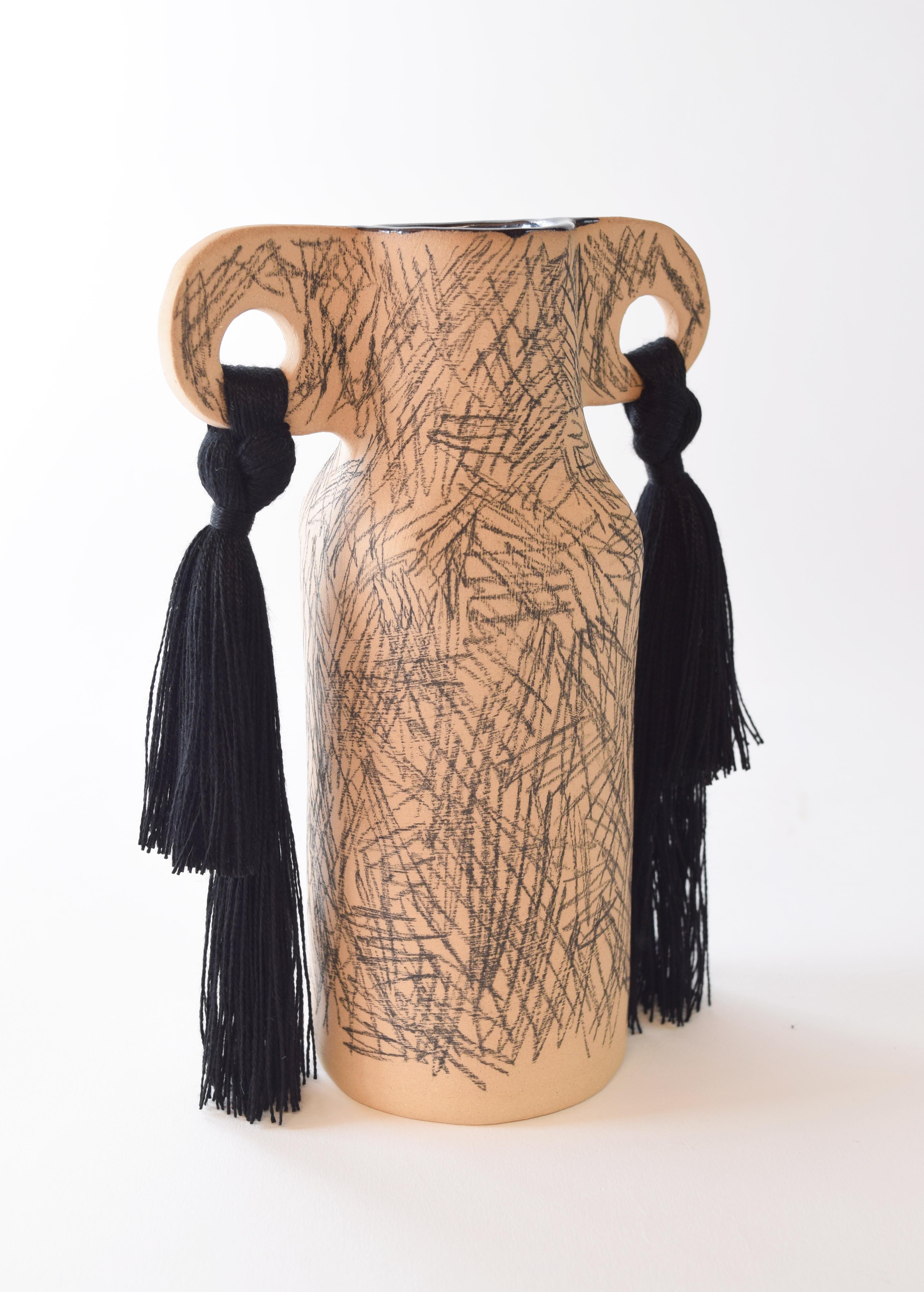 Hand-Crafted OOAK Handmade Ceramic Vase #606 - Hand Drawn Black Underglaze & Tencel Fringe