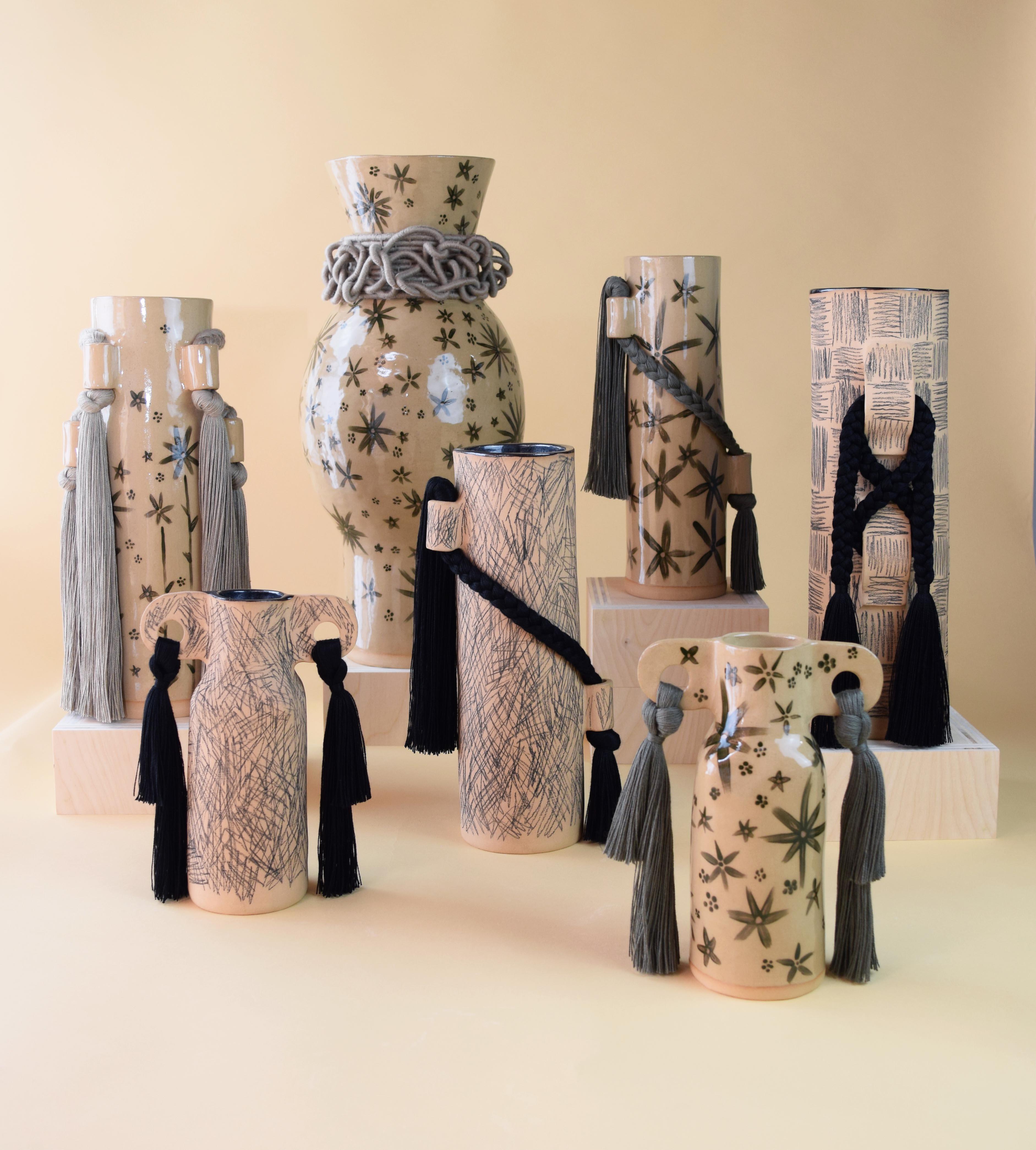 OOAK Handmade Ceramic Vase #606 - Hand Drawn Black Underglaze & Tencel Fringe In New Condition In Proctorsville, VT